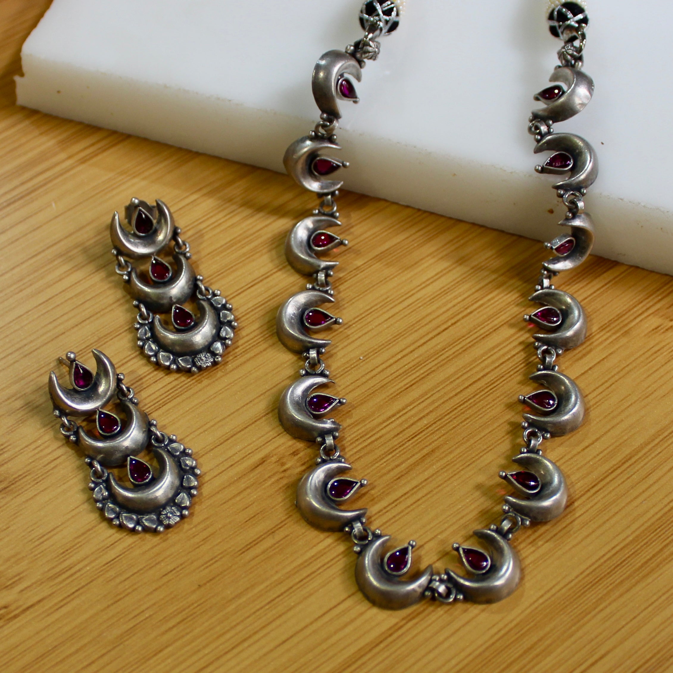 Ruby Stones Half Moon Oxidised Silver Necklace Set With Earrings