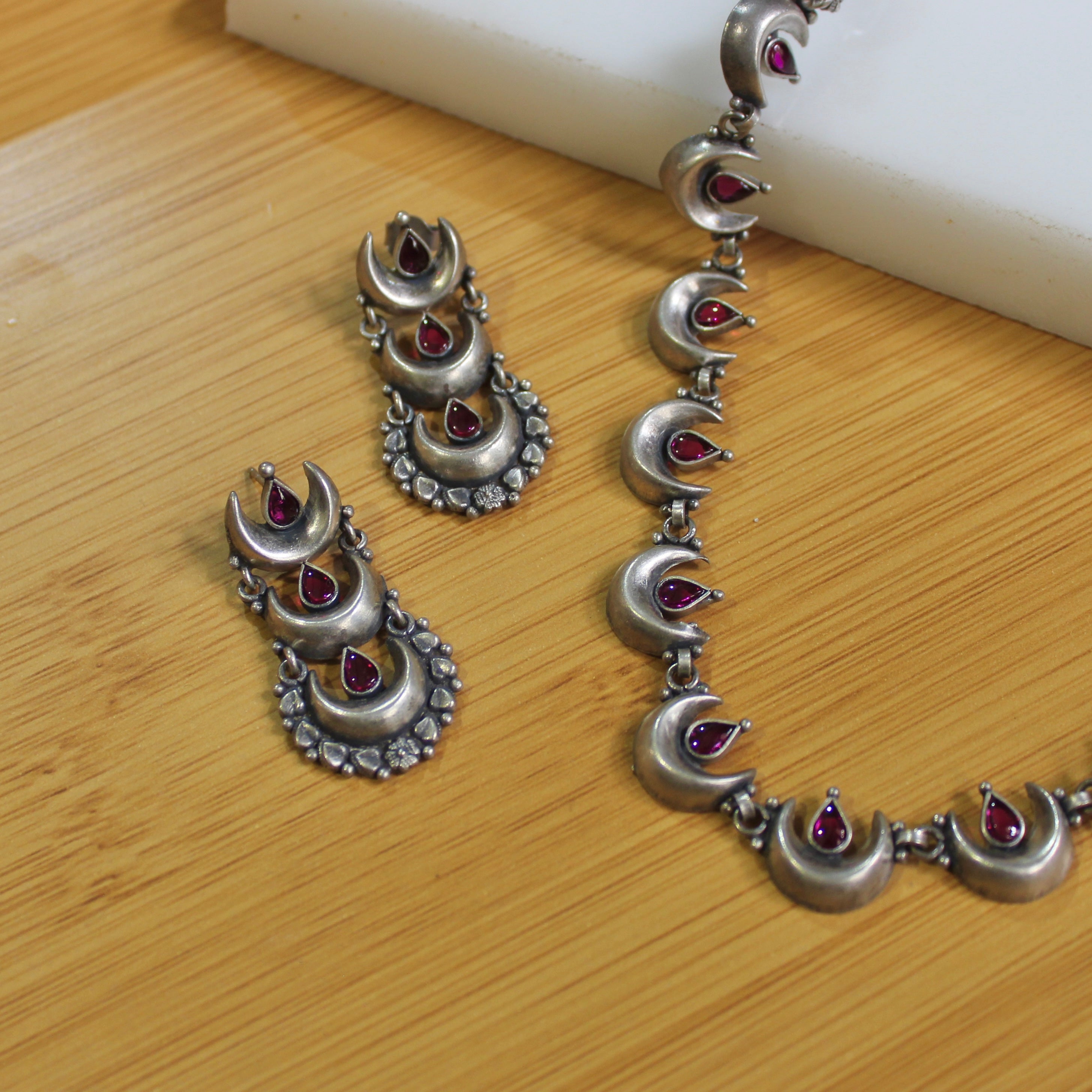 Ruby Stones Half Moon Oxidised Silver Necklace Set With Earrings