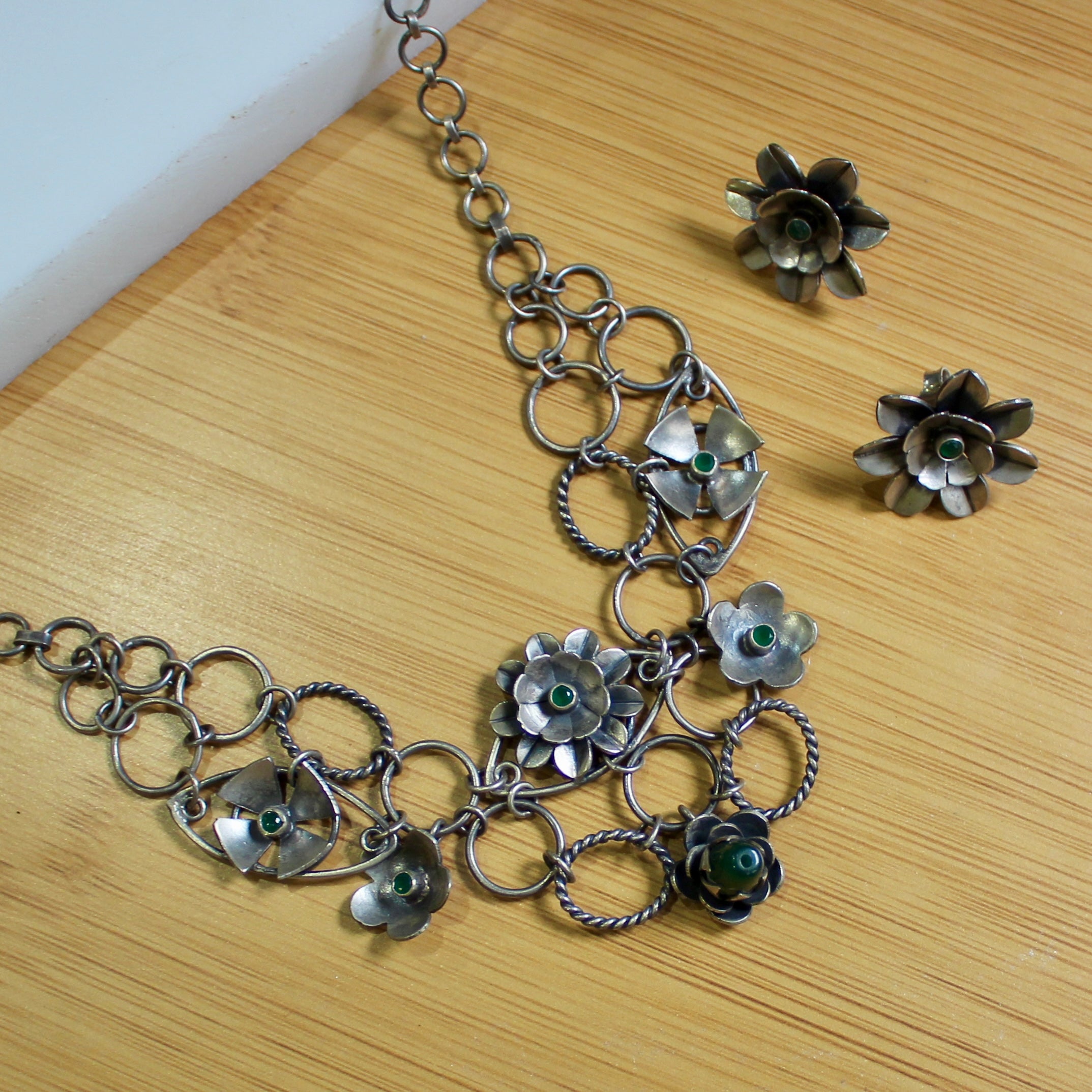 Emerald Stones Ring Chained Oxidised Silver Necklace Set With Flower Studs