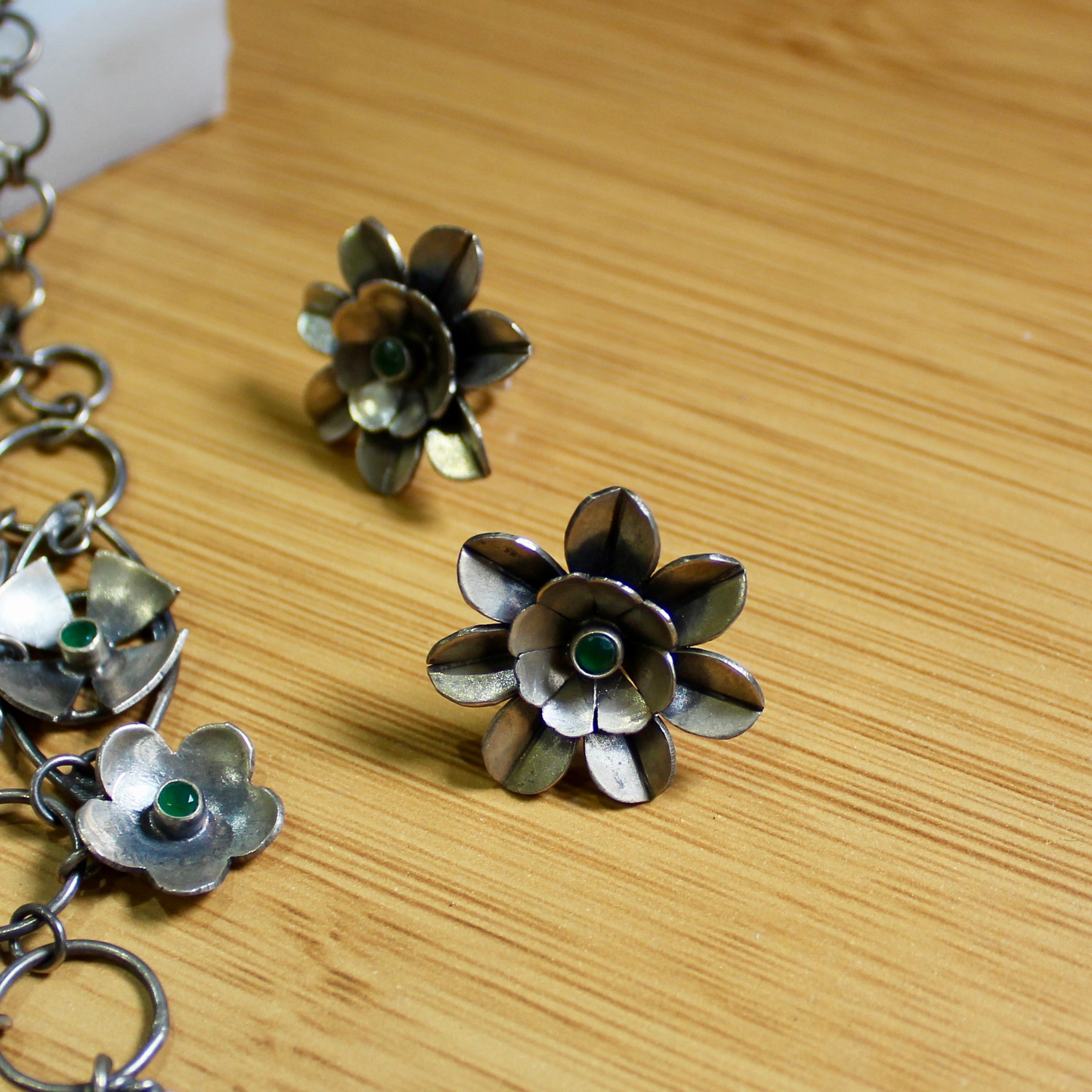 Emerald Stones Ring Chained Oxidised Silver Necklace Set With Flower Studs