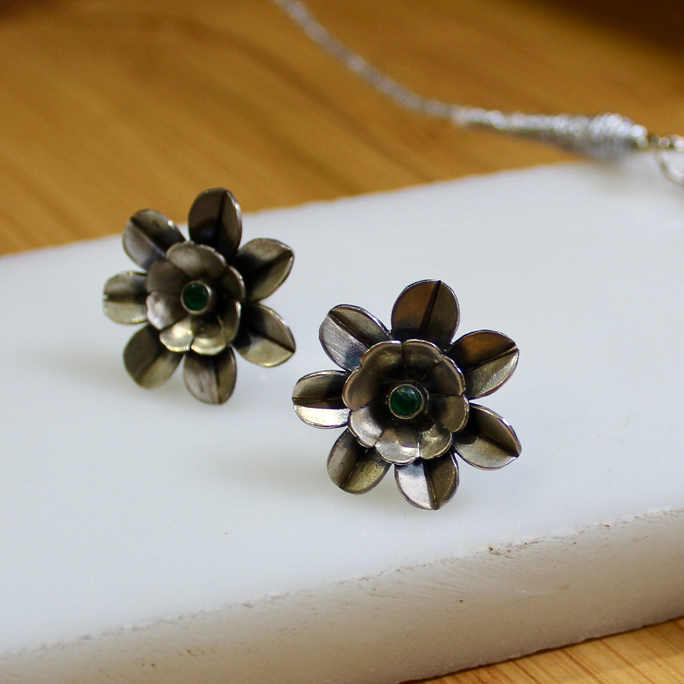 Emerald Stones Ring Chained Oxidised Silver Necklace Set With Flower Studs