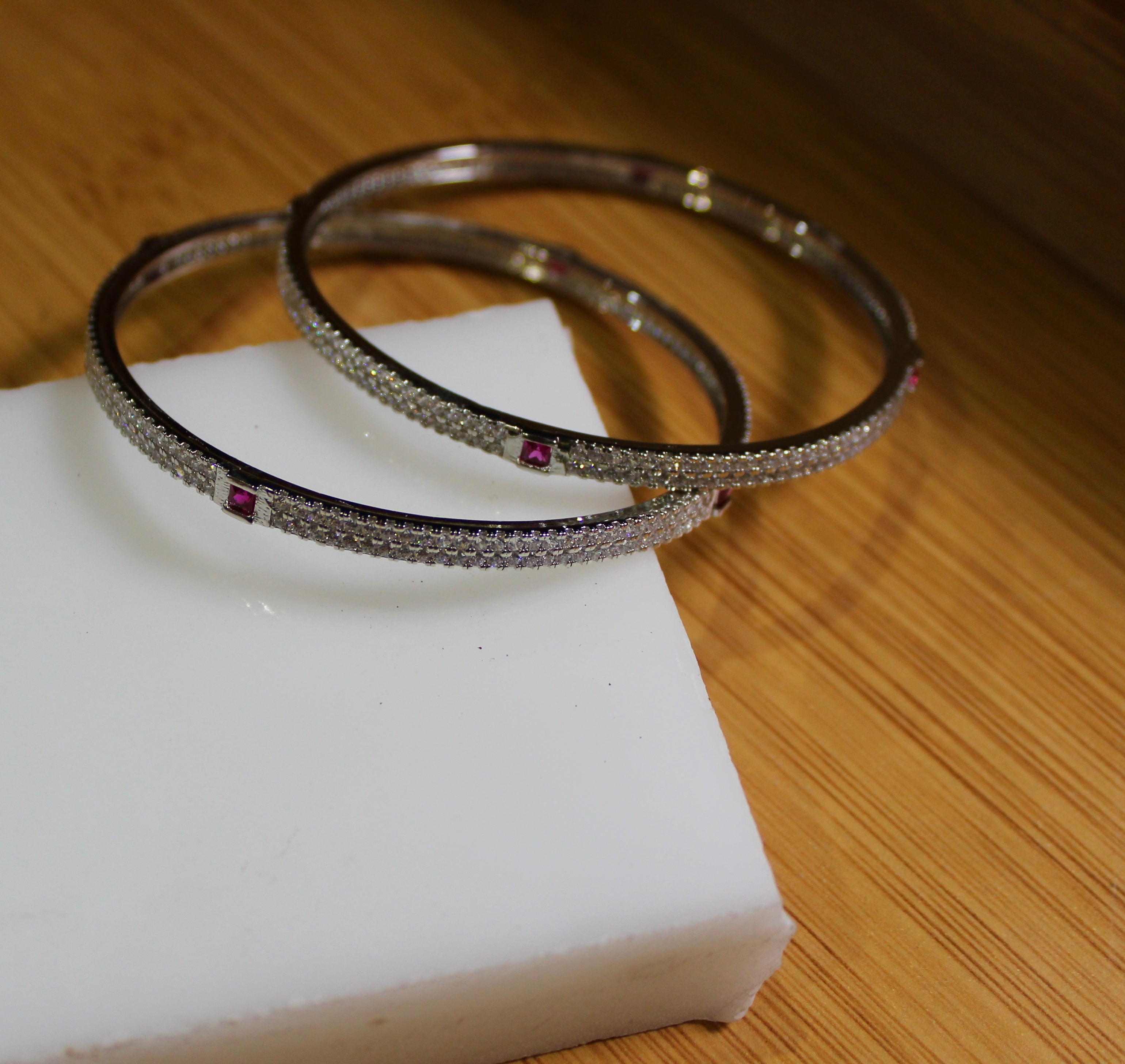 Zircon & Ruby Stones Lined Pure Silver Bangles- PAIR