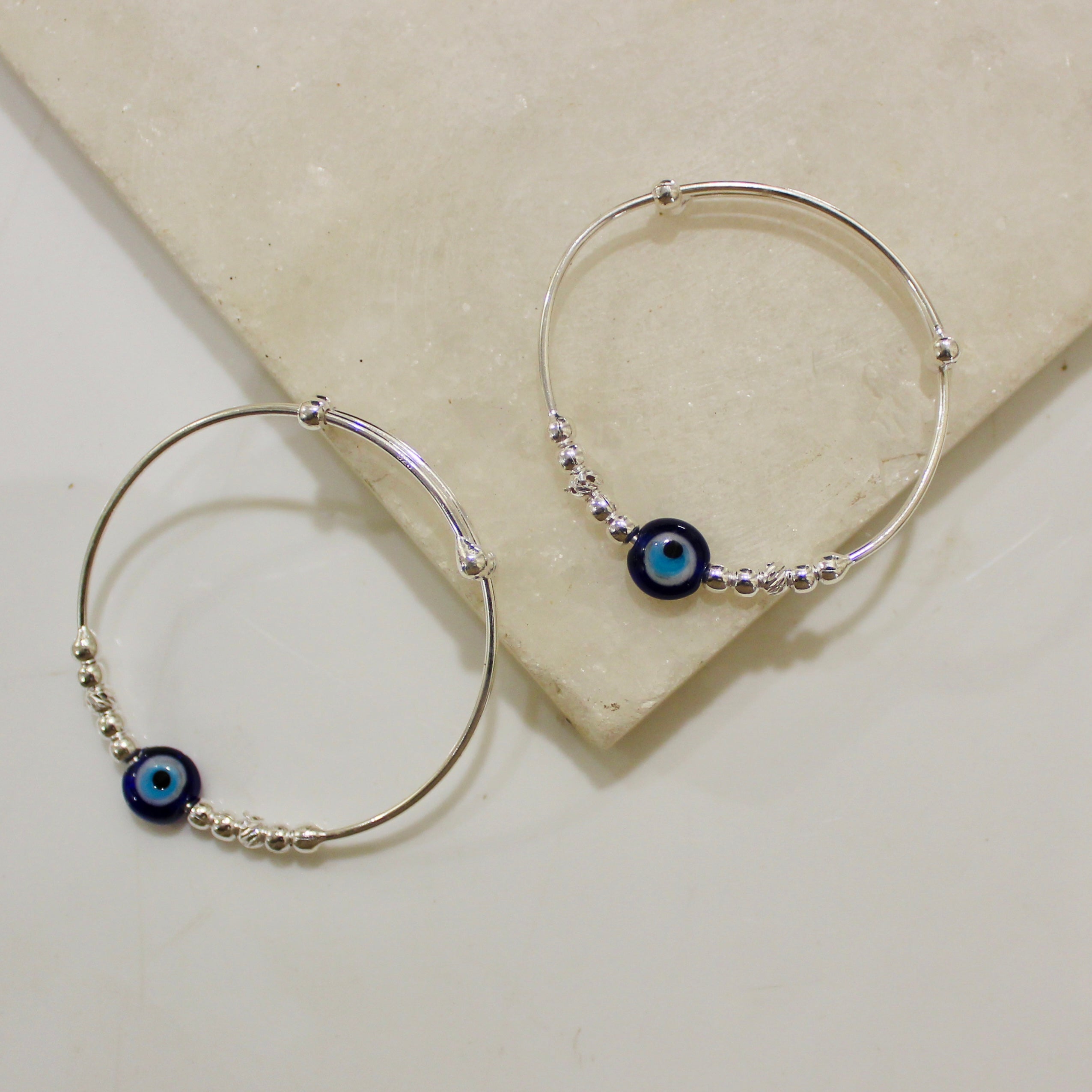 Evil Eye Baby Adjustable Silver Bangles- Pair