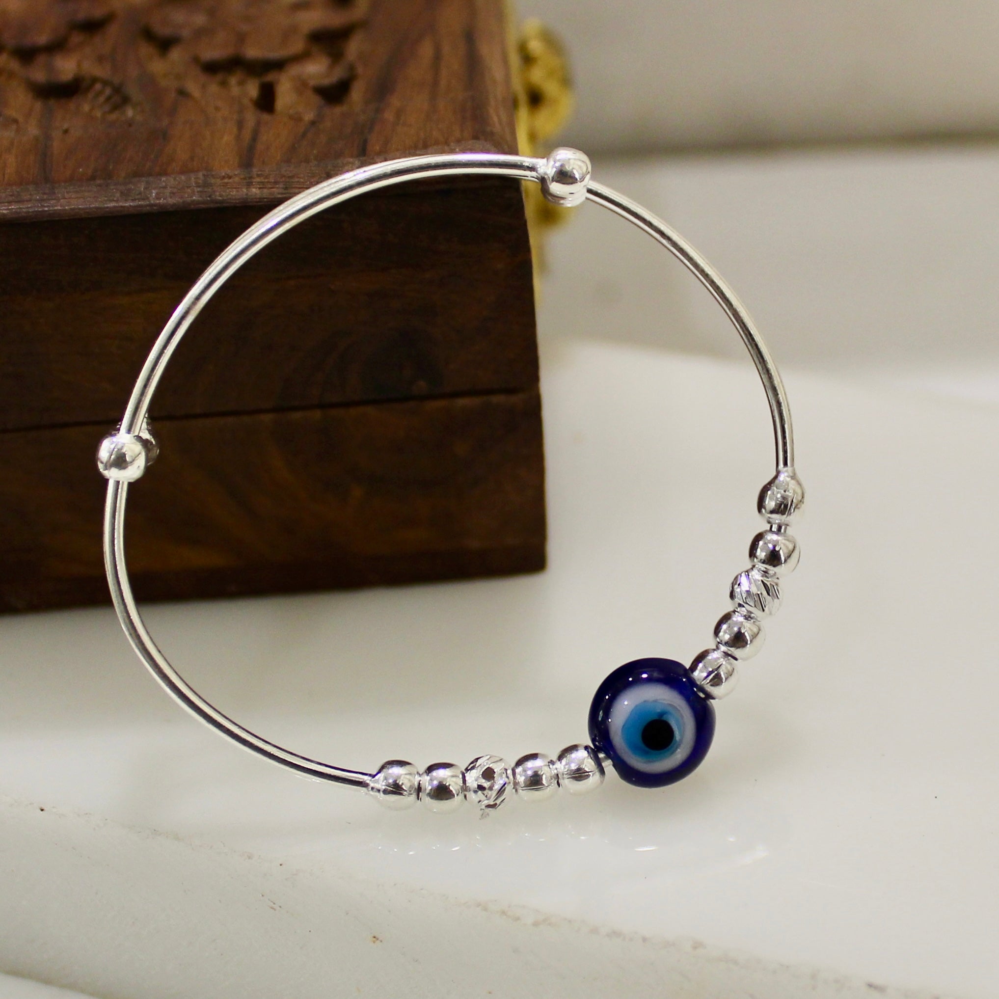 Evil Eye Baby Adjustable Silver Bangles- Pair