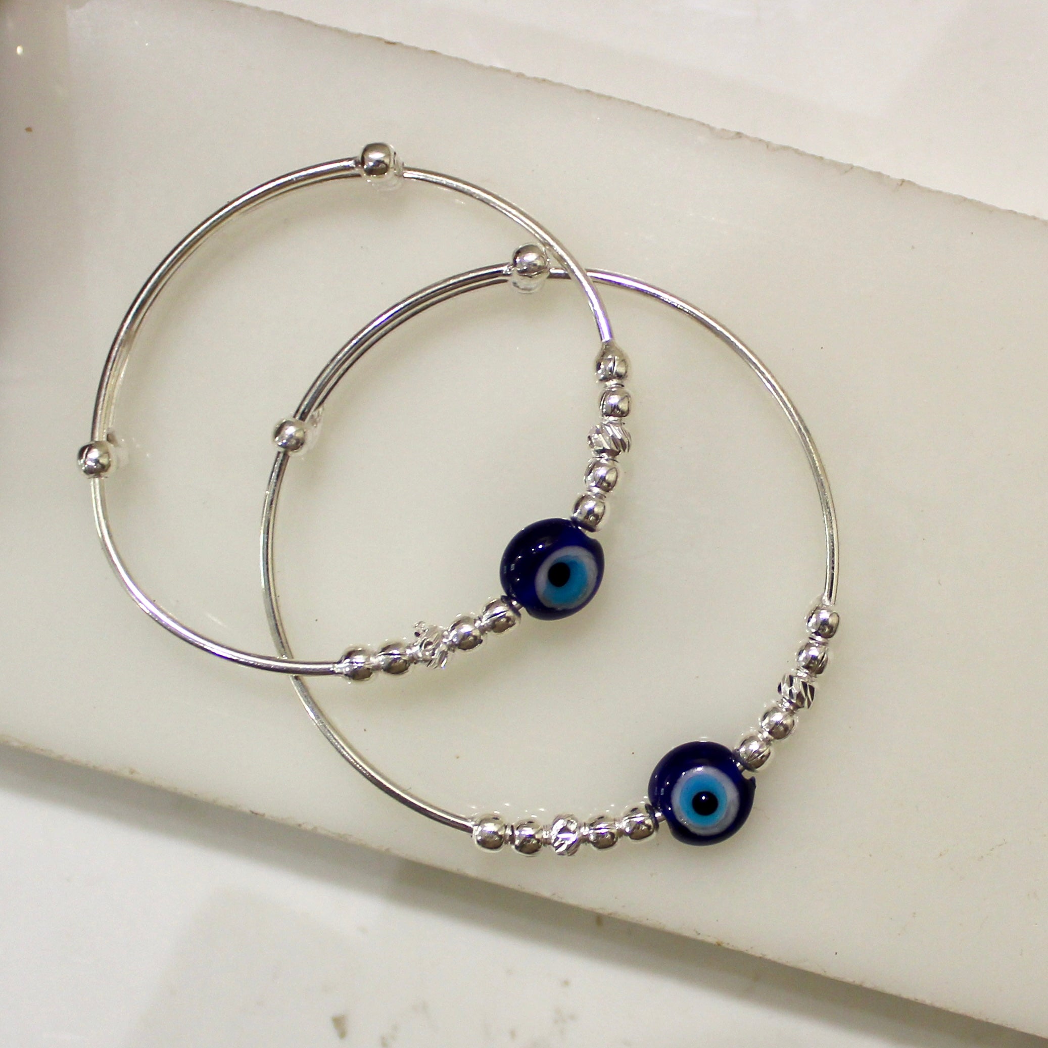 Evil Eye Baby Adjustable Silver Bangles- Pair