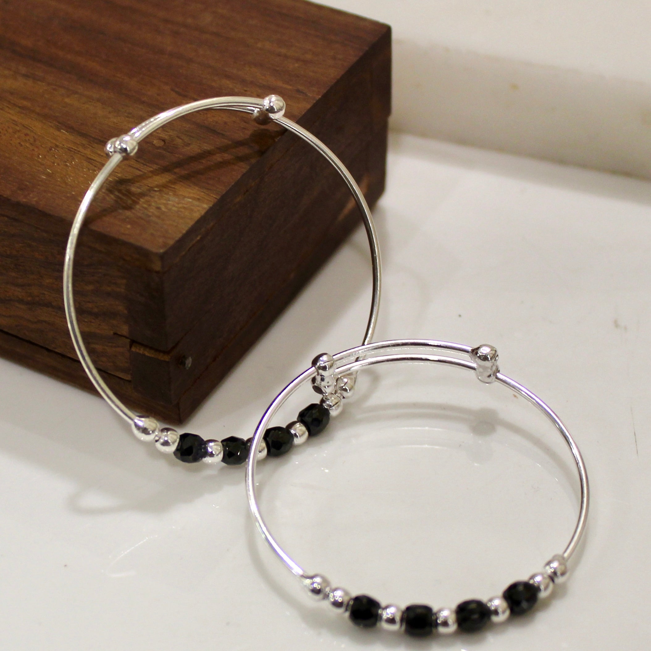 Black Beads Baby Adjustable Silver Bangles