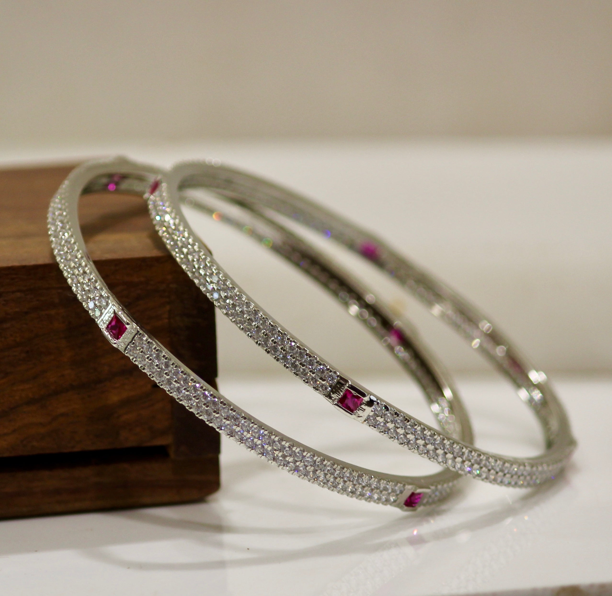 Zircon & Ruby Stones Lined Pure Silver Bangles- PAIR