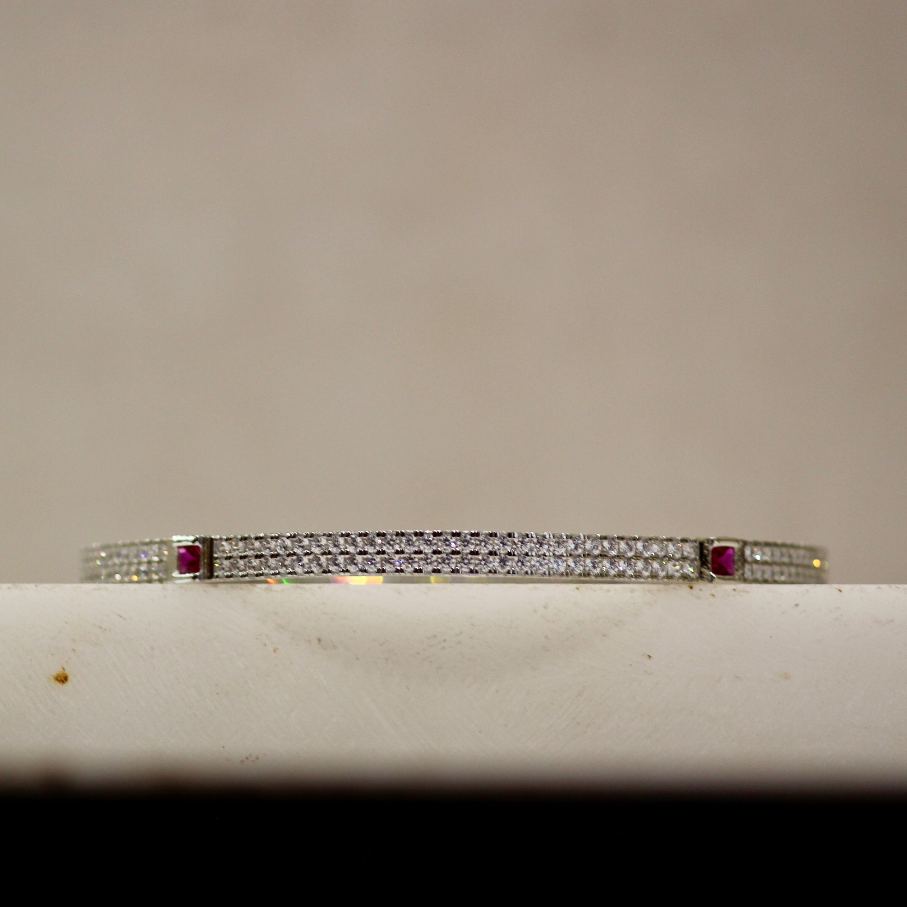 Zircon & Ruby Stones Lined Pure Silver Bangles- PAIR