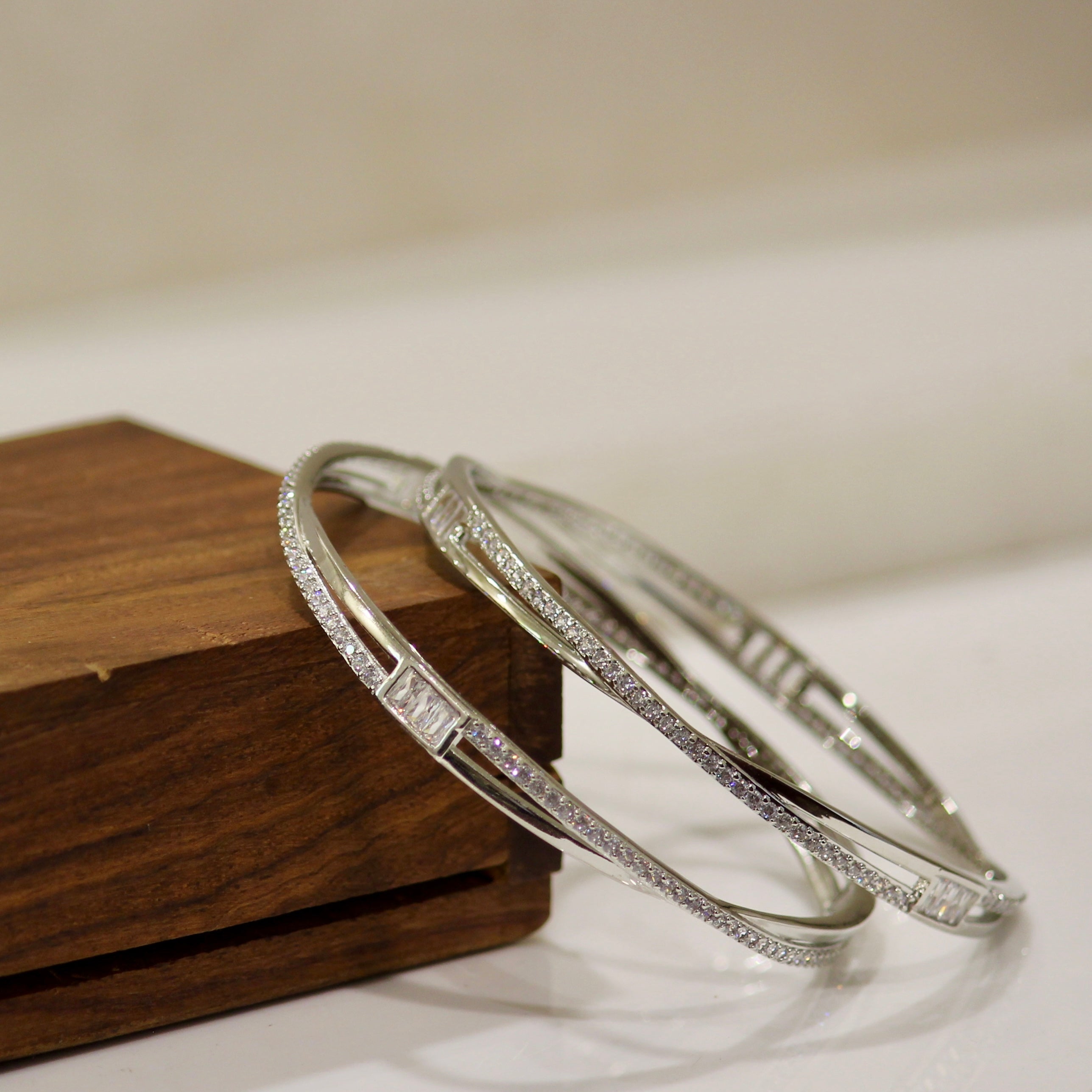 Zircon Stones Twisted Lines Pure Silver Bangles- Pair