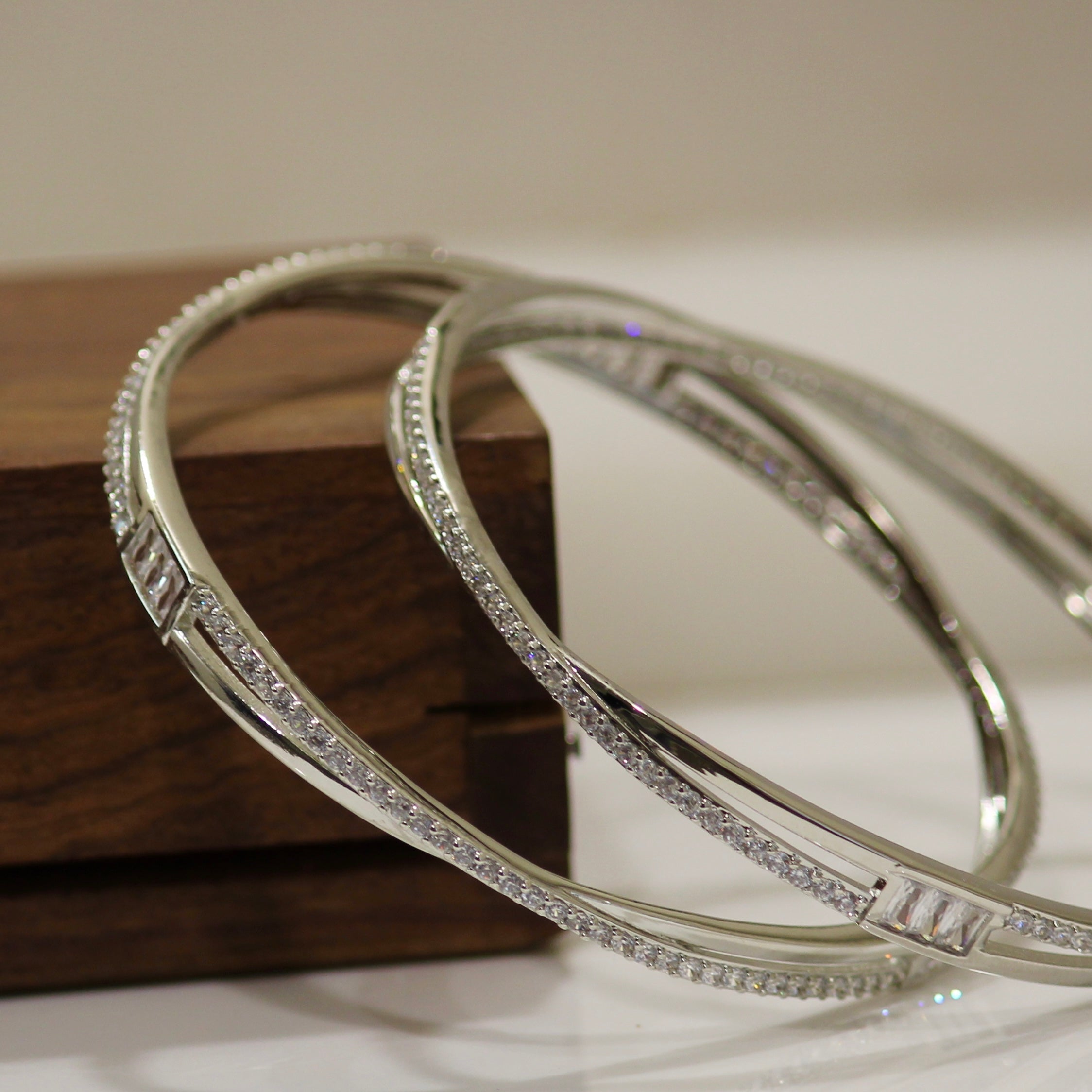 Zircon Stones Twisted Lines Pure Silver Bangles- Pair