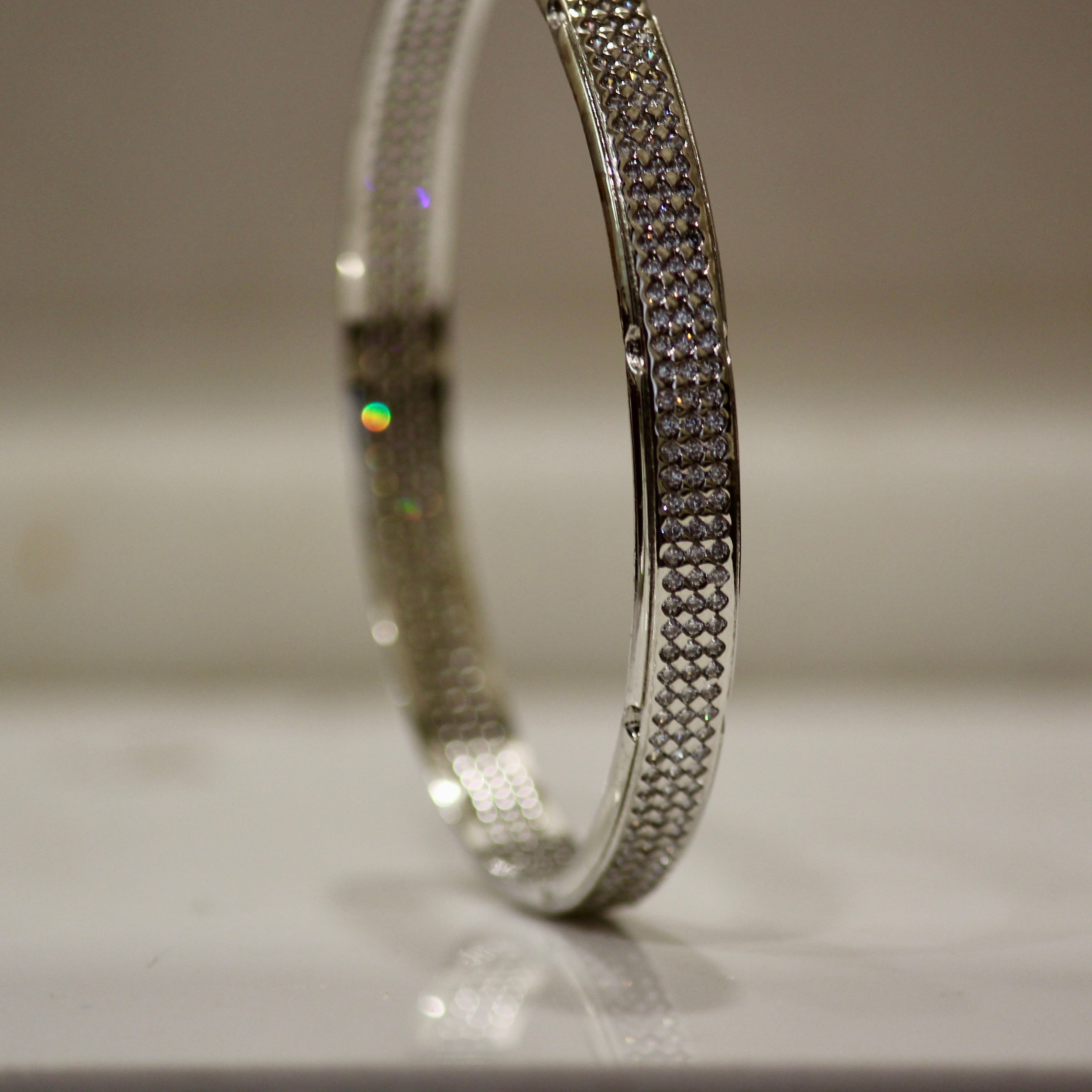 Zircon Stones 3 Lines Pure Silver Bangles- Pair