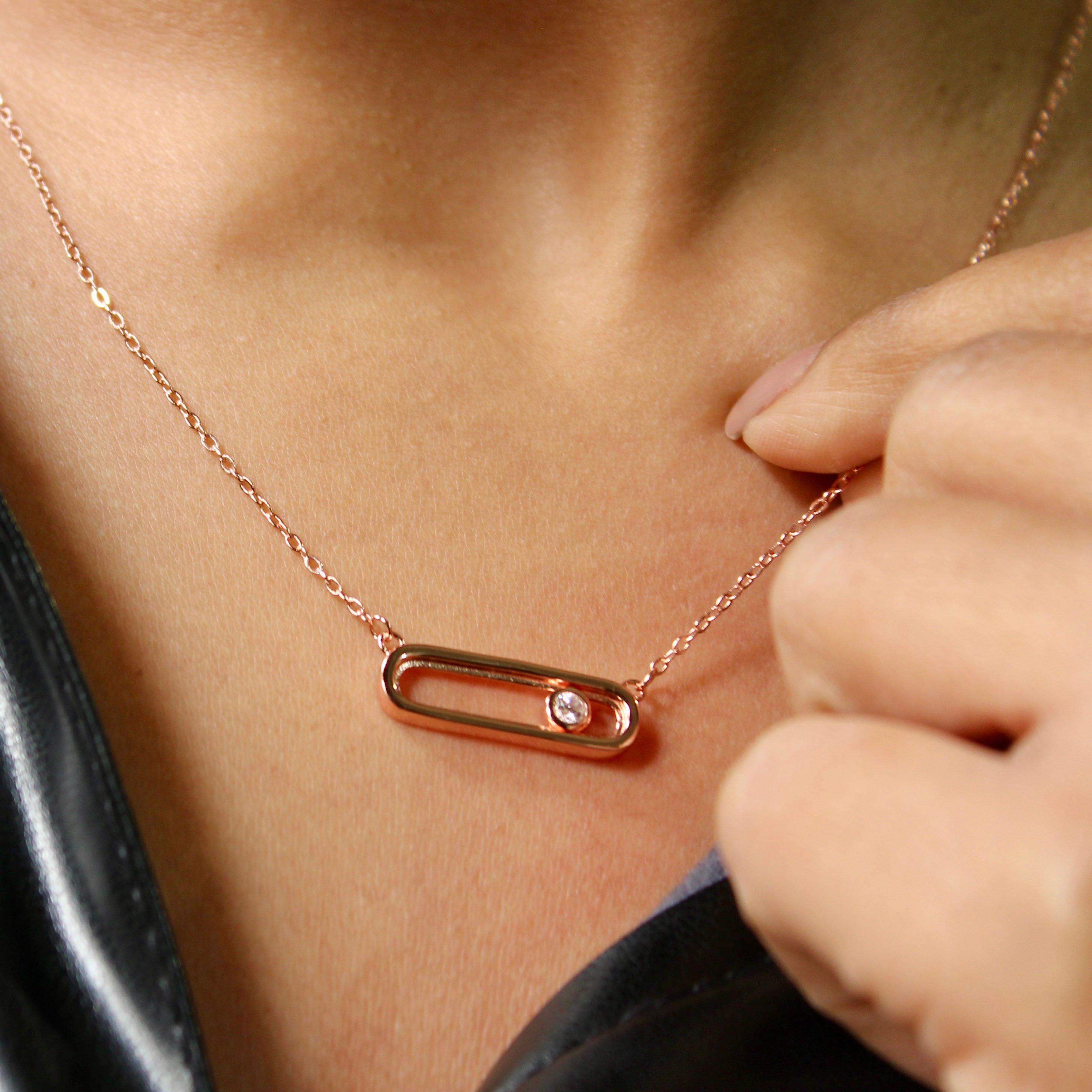 Zircon Stone in Cube Pure Silver Pendant With Linked Chain in Rose Gold