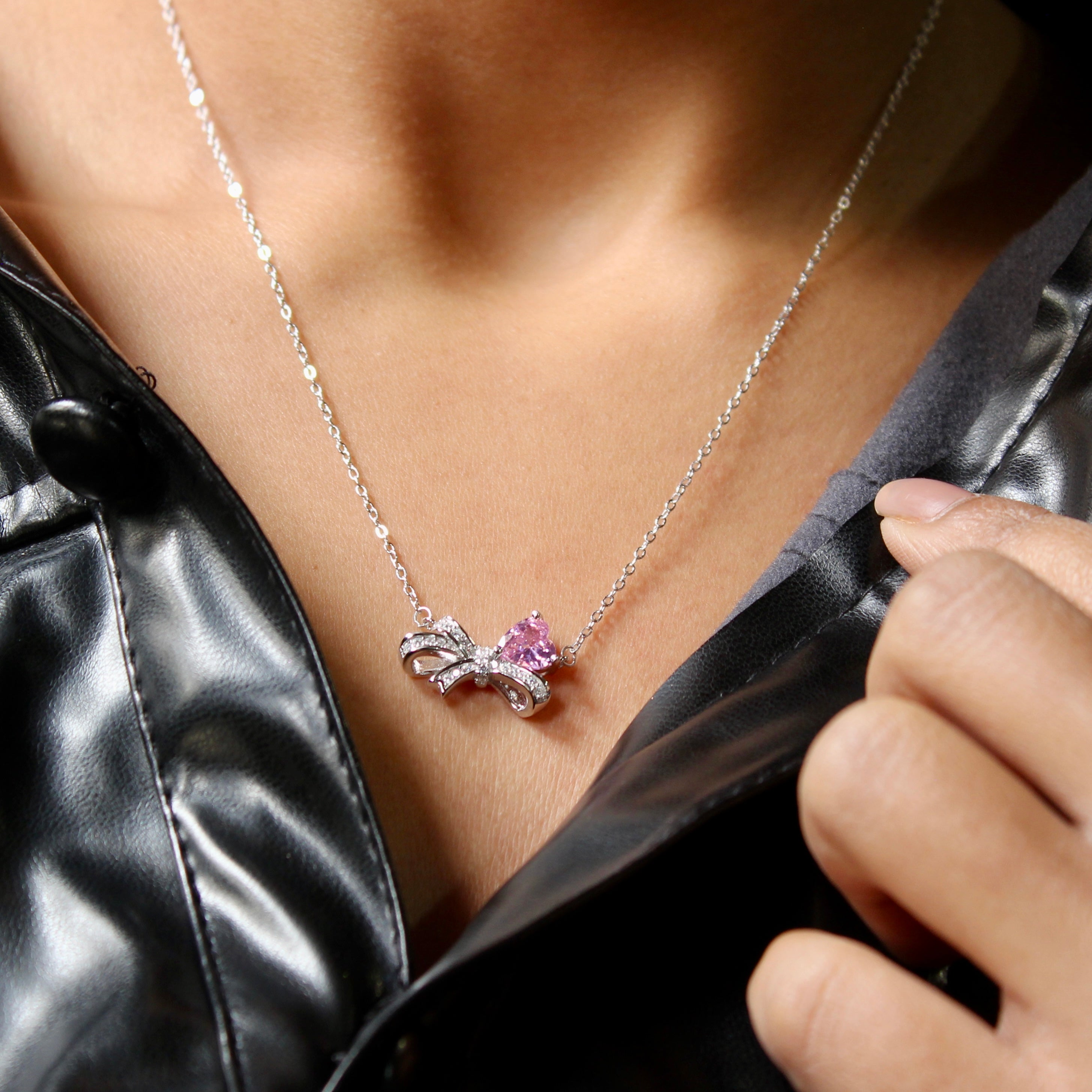 Pink Heart Bow Pure Silver Pendant With Linked Chain