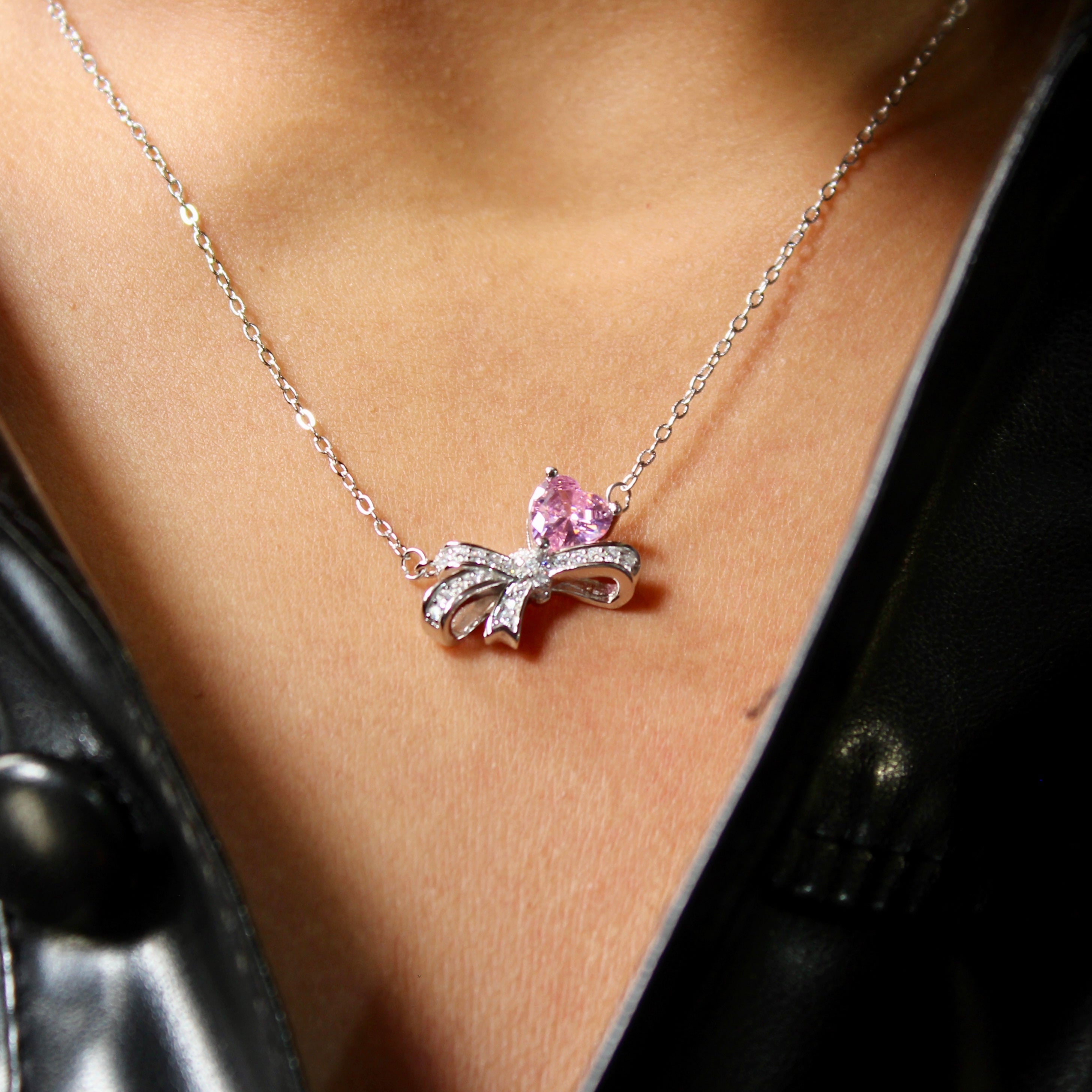 Pink Heart Bow Pure Silver Pendant With Linked Chain