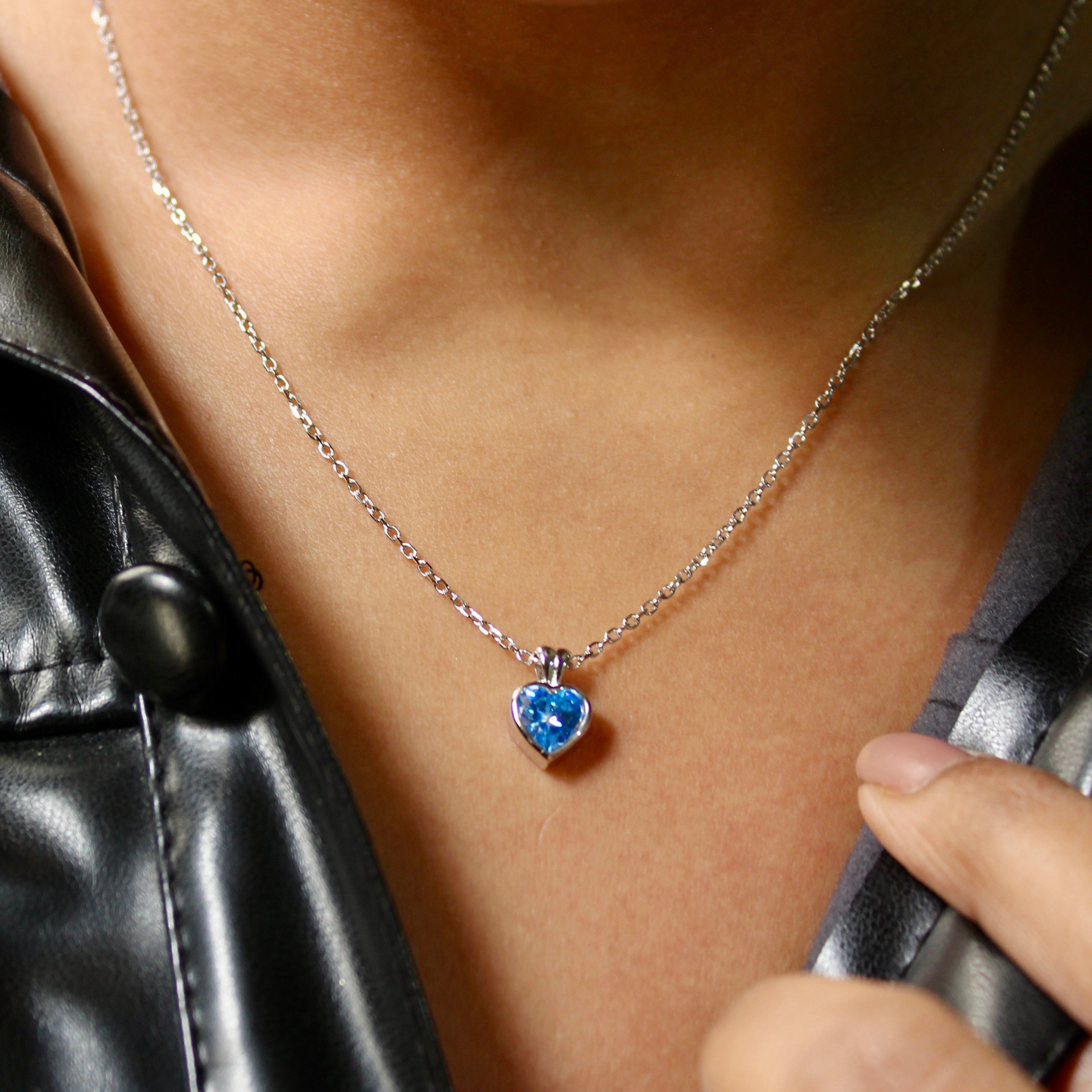 Blue Stone Heart Pure Silver Pendant with Linked Chain