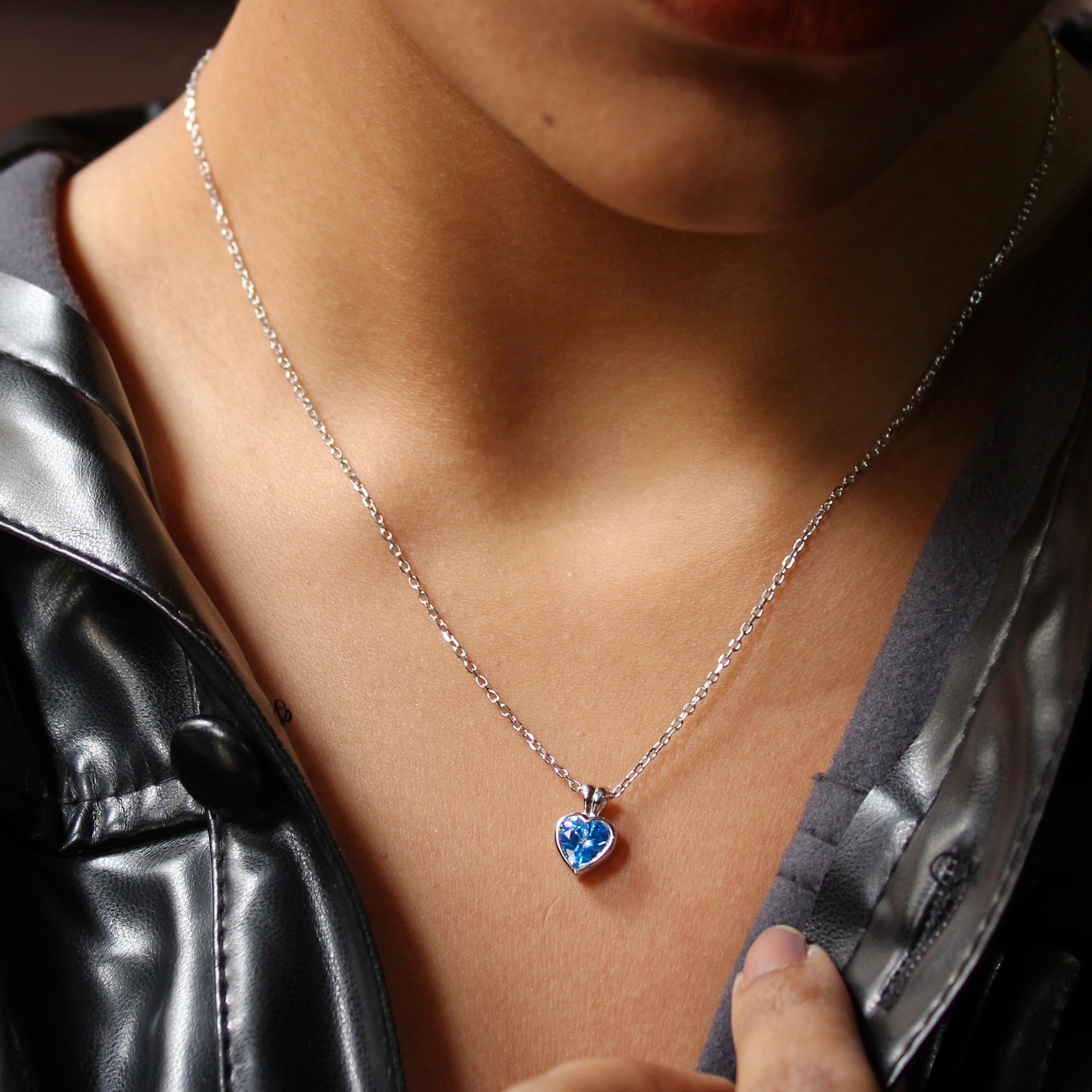 Blue Stone Heart Pure Silver Pendant with Linked Chain