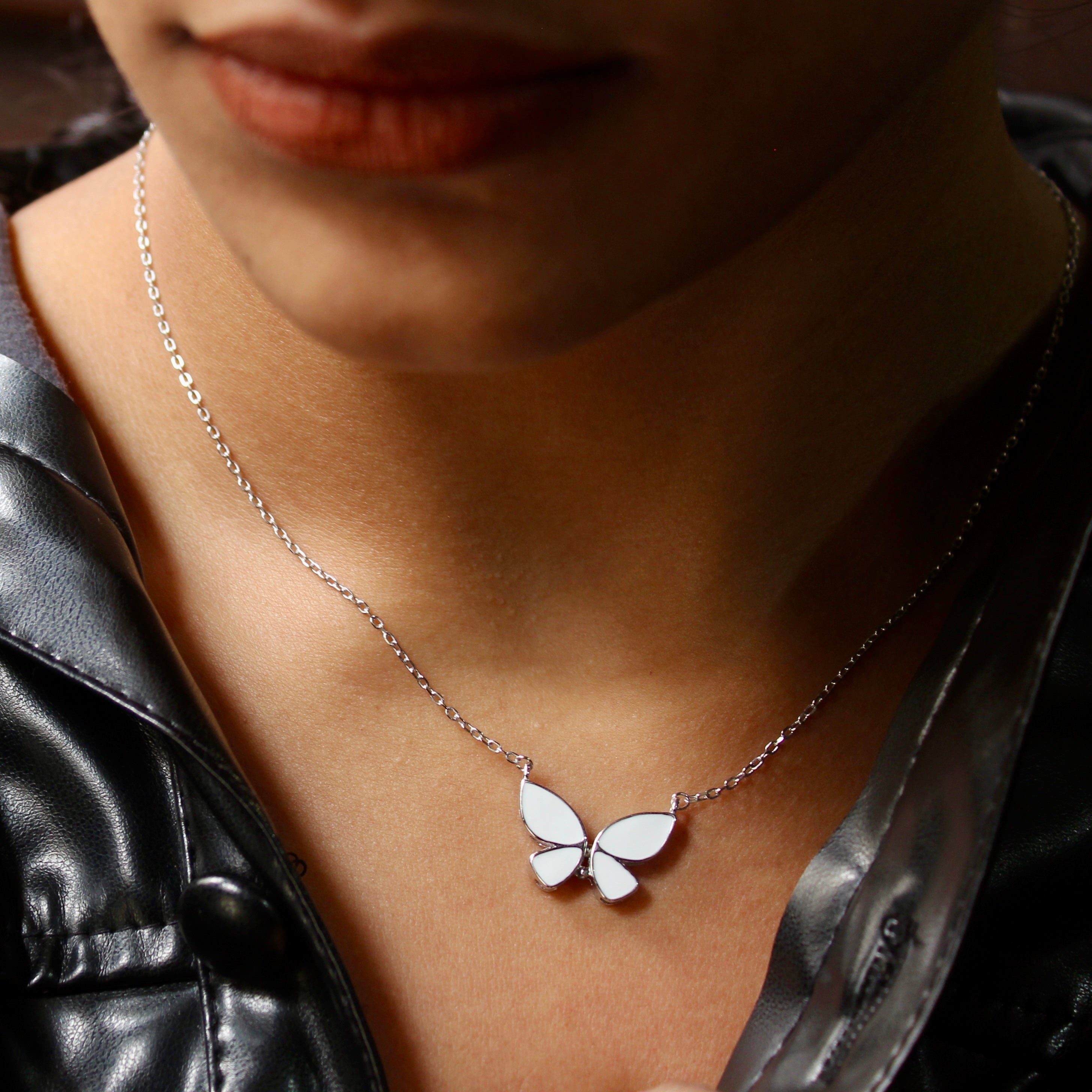 Big Butterfly White Polish Pure Silver Pendant With Linked Chain