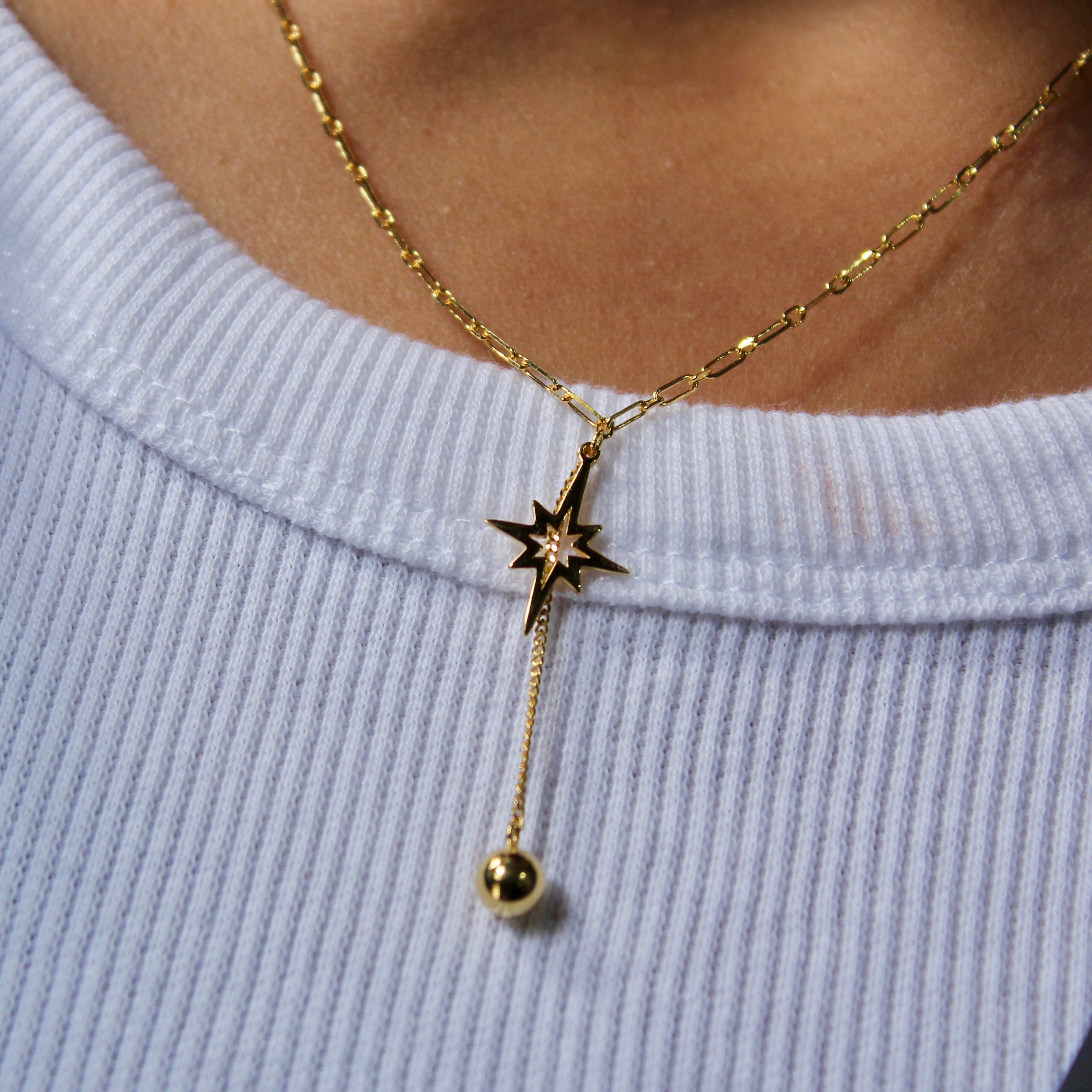 Star Pendant With Linked Long Chain in Gold Polish