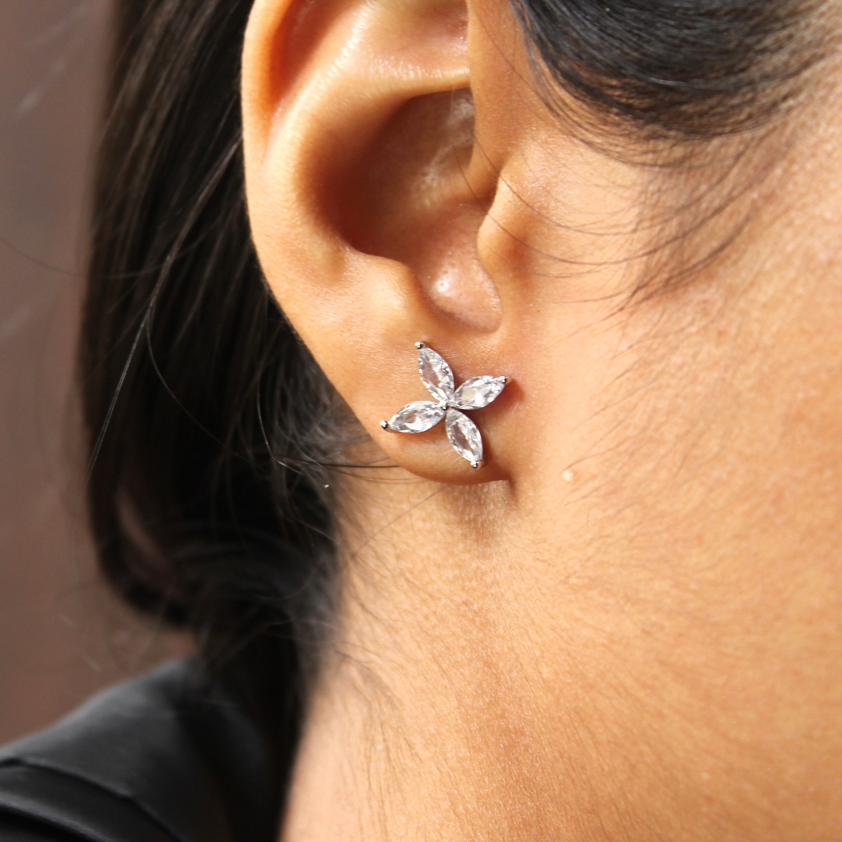 4 Petals Flower Zircon Stones Pure Silver Studs