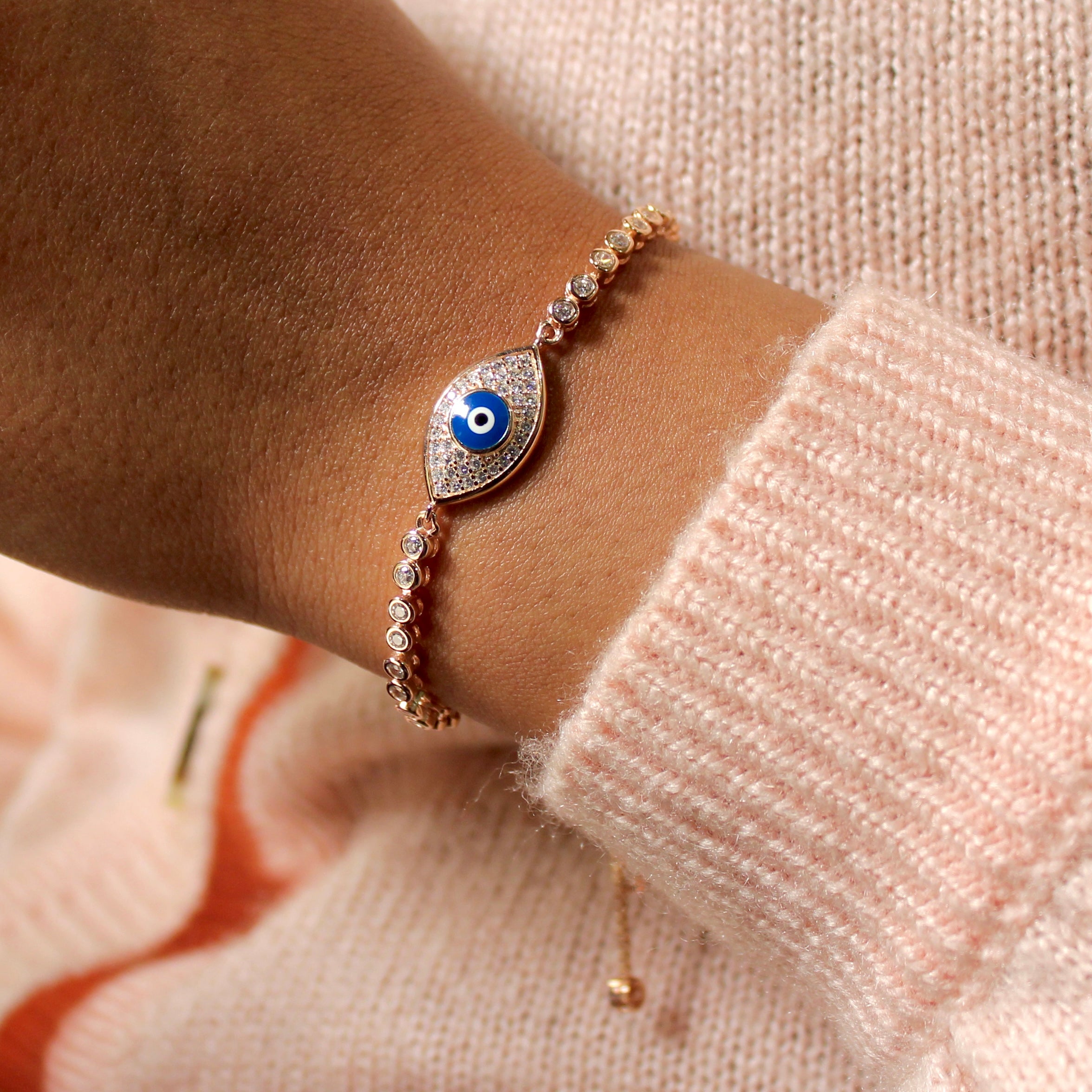 Evil Eye at Center Zircon Stones Oval Chained Pure Silver Party Adjustable Bracelet in Rose Gold