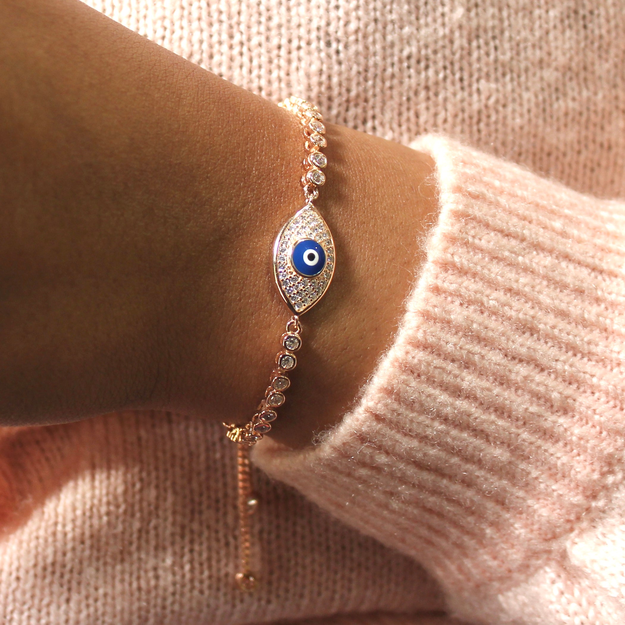 Evil Eye at Center Zircon Stones Oval Chained Pure Silver Party Adjustable Bracelet in Rose Gold