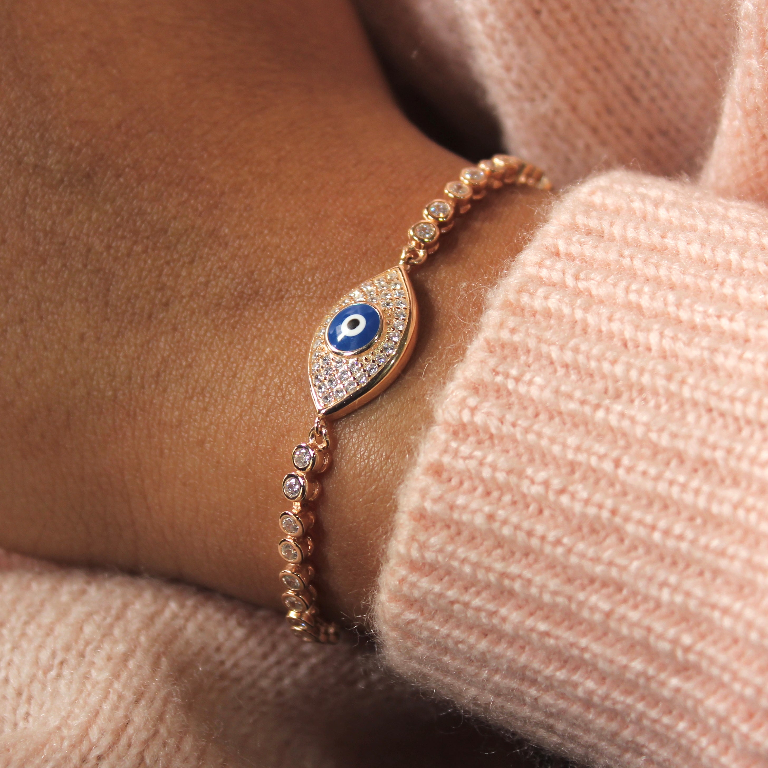 Evil Eye at Center Zircon Stones Oval Chained Pure Silver Party Adjustable Bracelet in Rose Gold