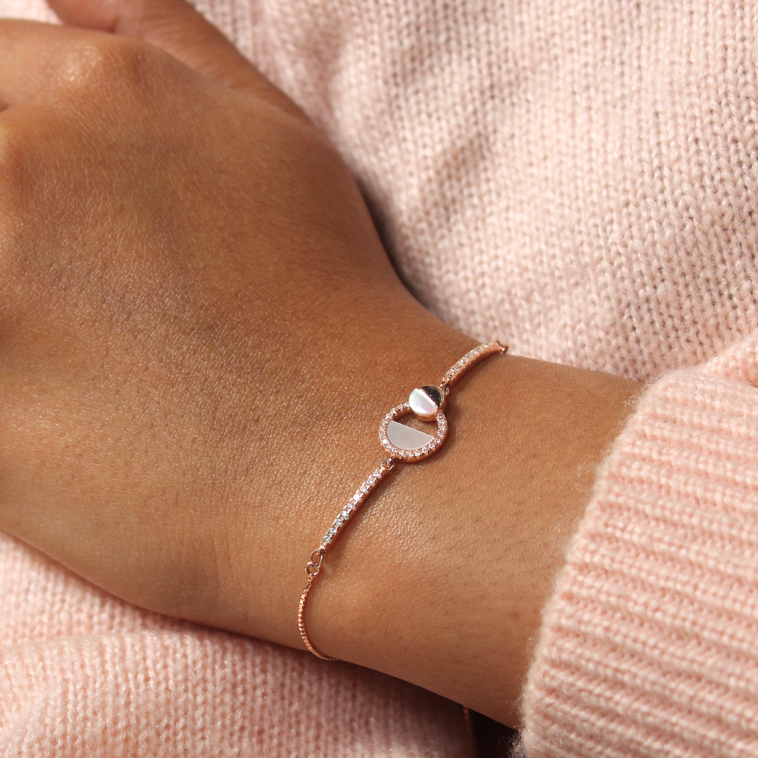 Half Marble in Circle Chained Pure Silver Party Adjustable Bracelet in Rose Gold