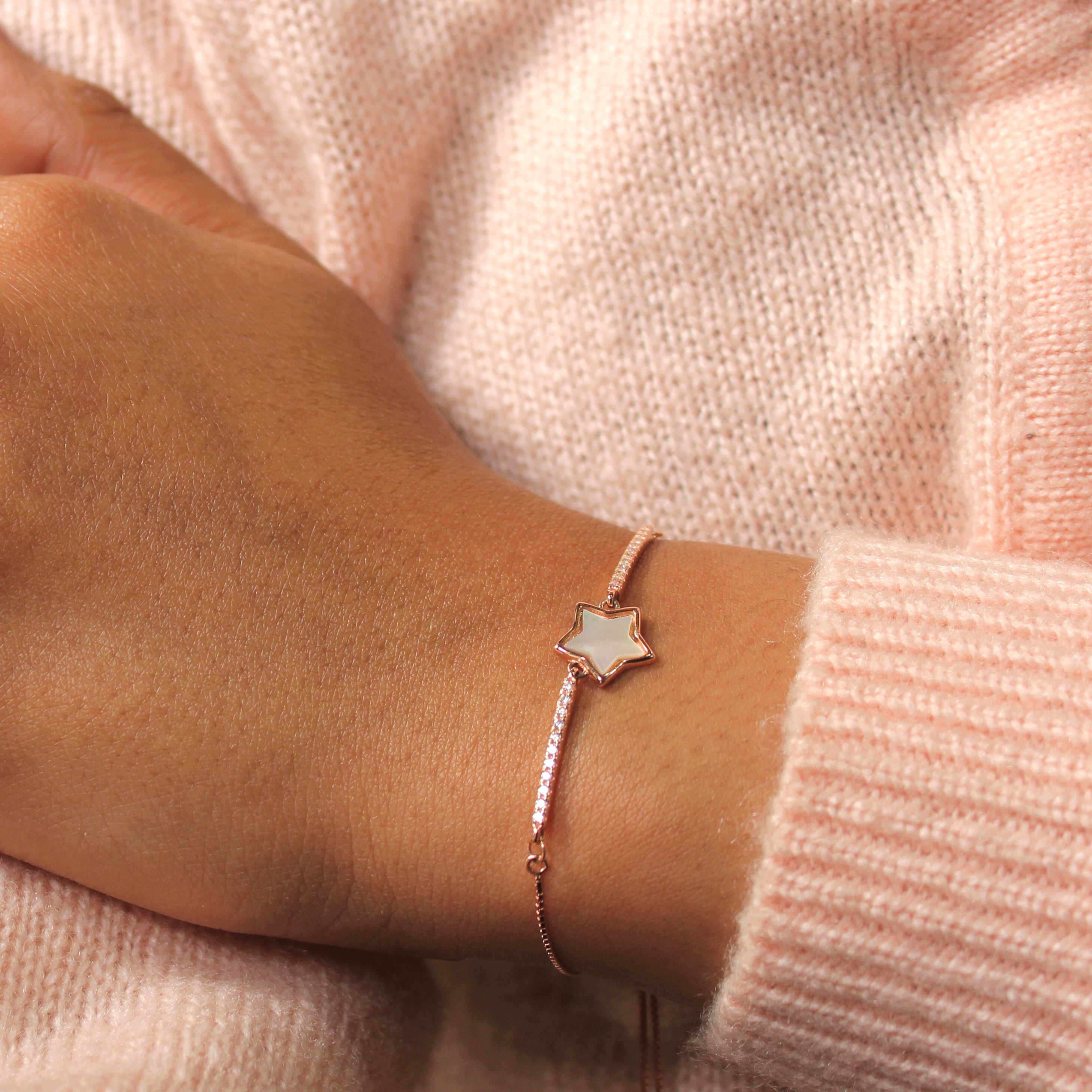 Star White Marble at Center Chained Pure Silver Party Adjustable Bracelet in Rose Gold