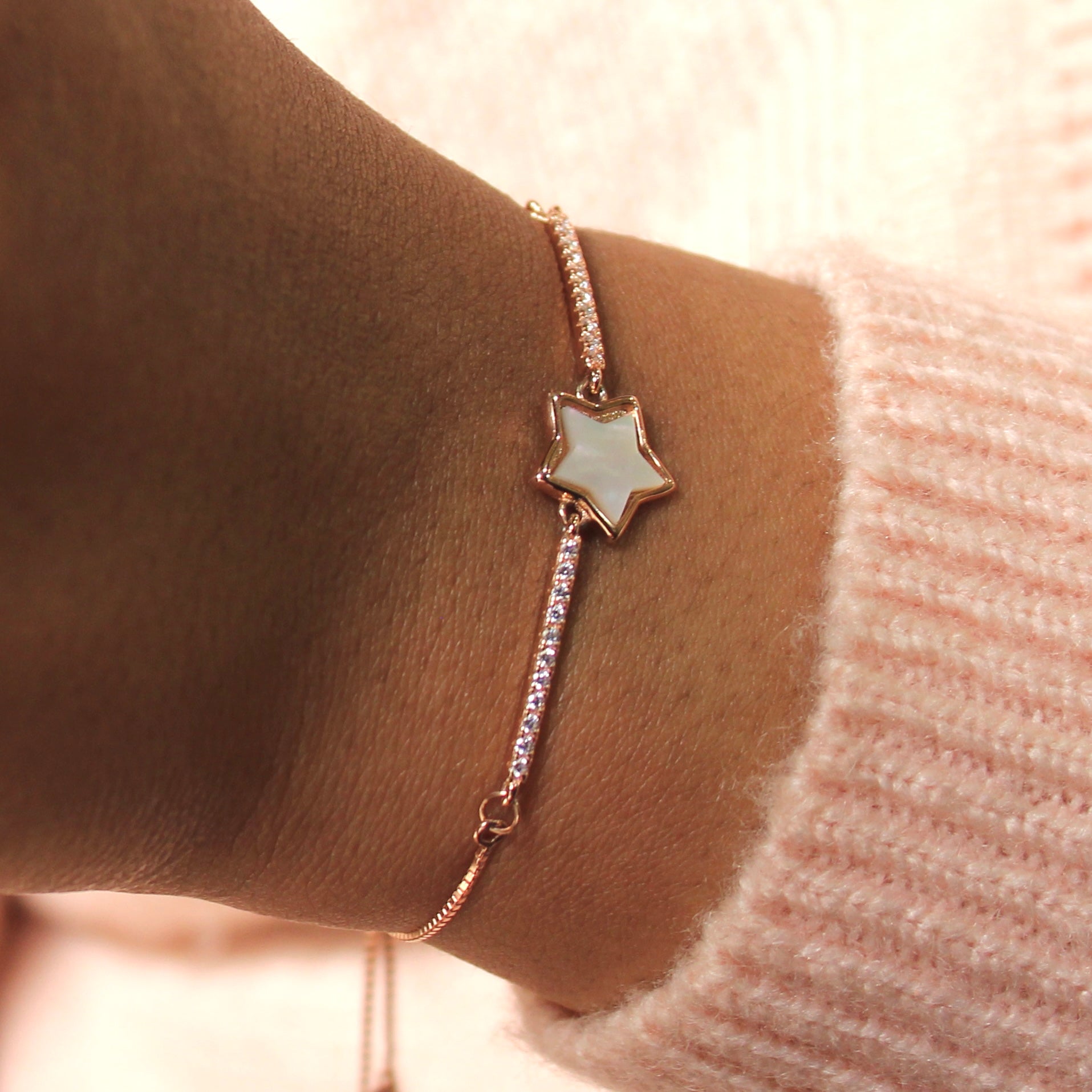 Star White Marble at Center Chained Pure Silver Party Adjustable Bracelet in Rose Gold