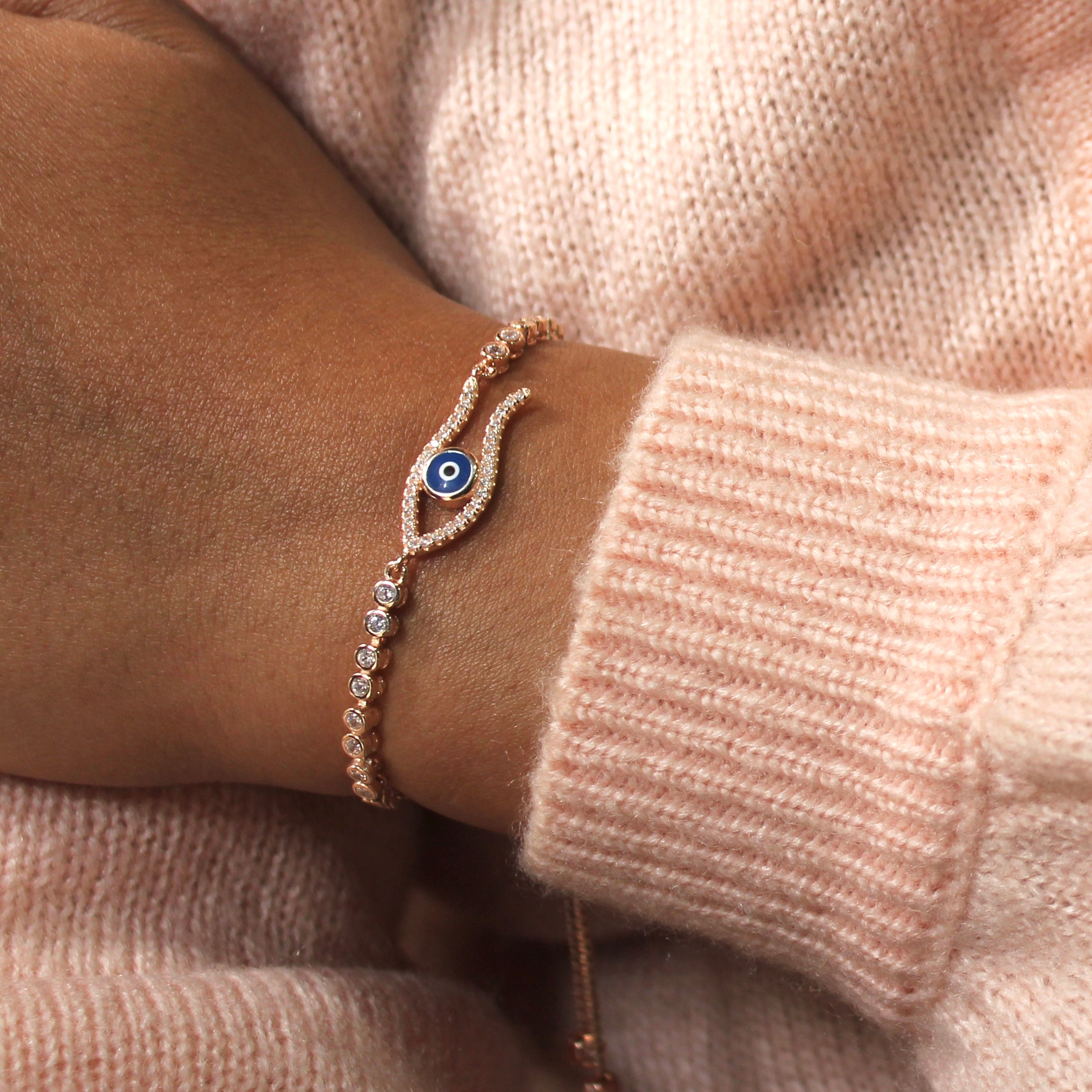 Evil Eye Open Curves Chained Pure Silver Party Adjustable Bracelet in Rose Gold