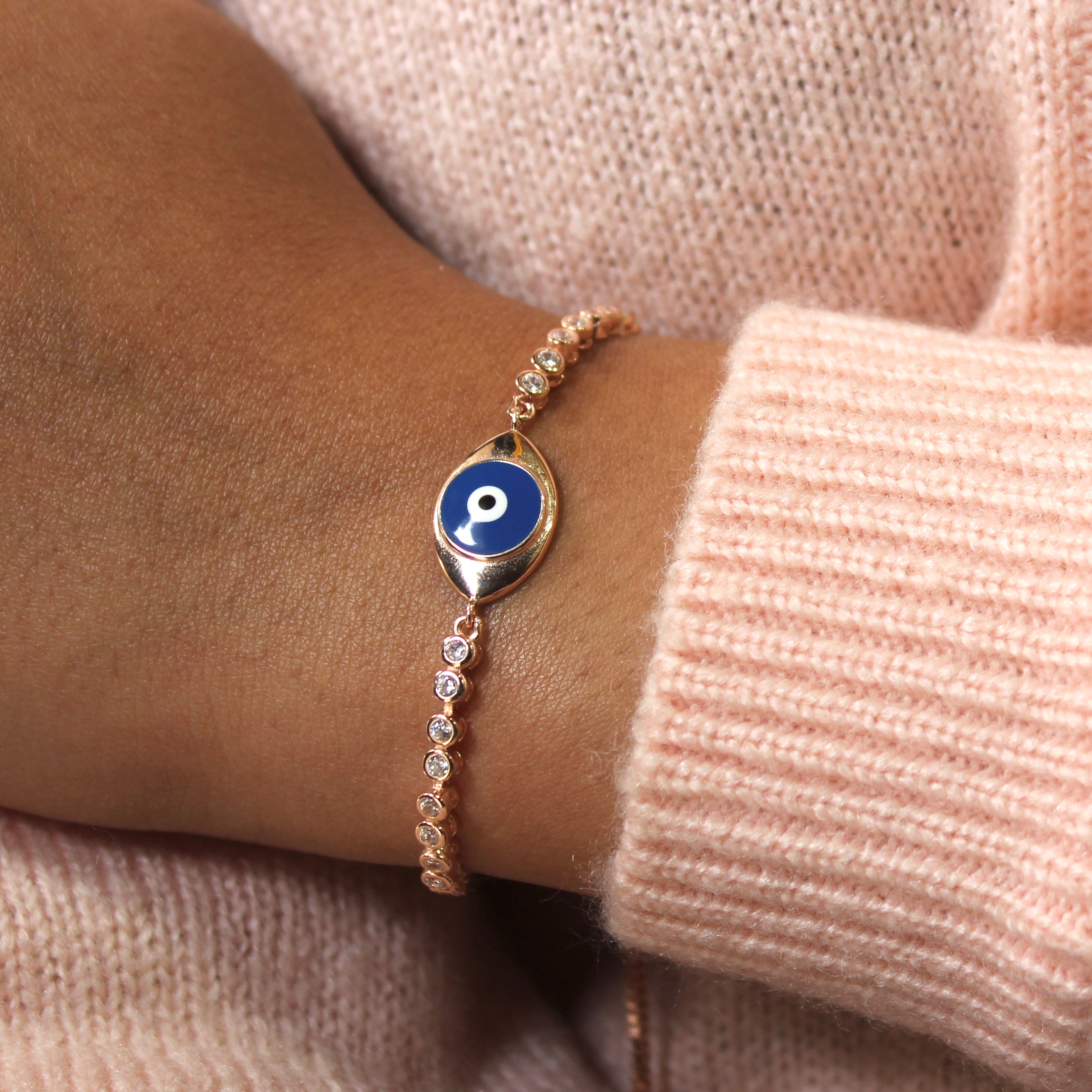 Big Evil Eye at Center Chained Pure Silver Party Adjustable Bracelet in Rose Gold