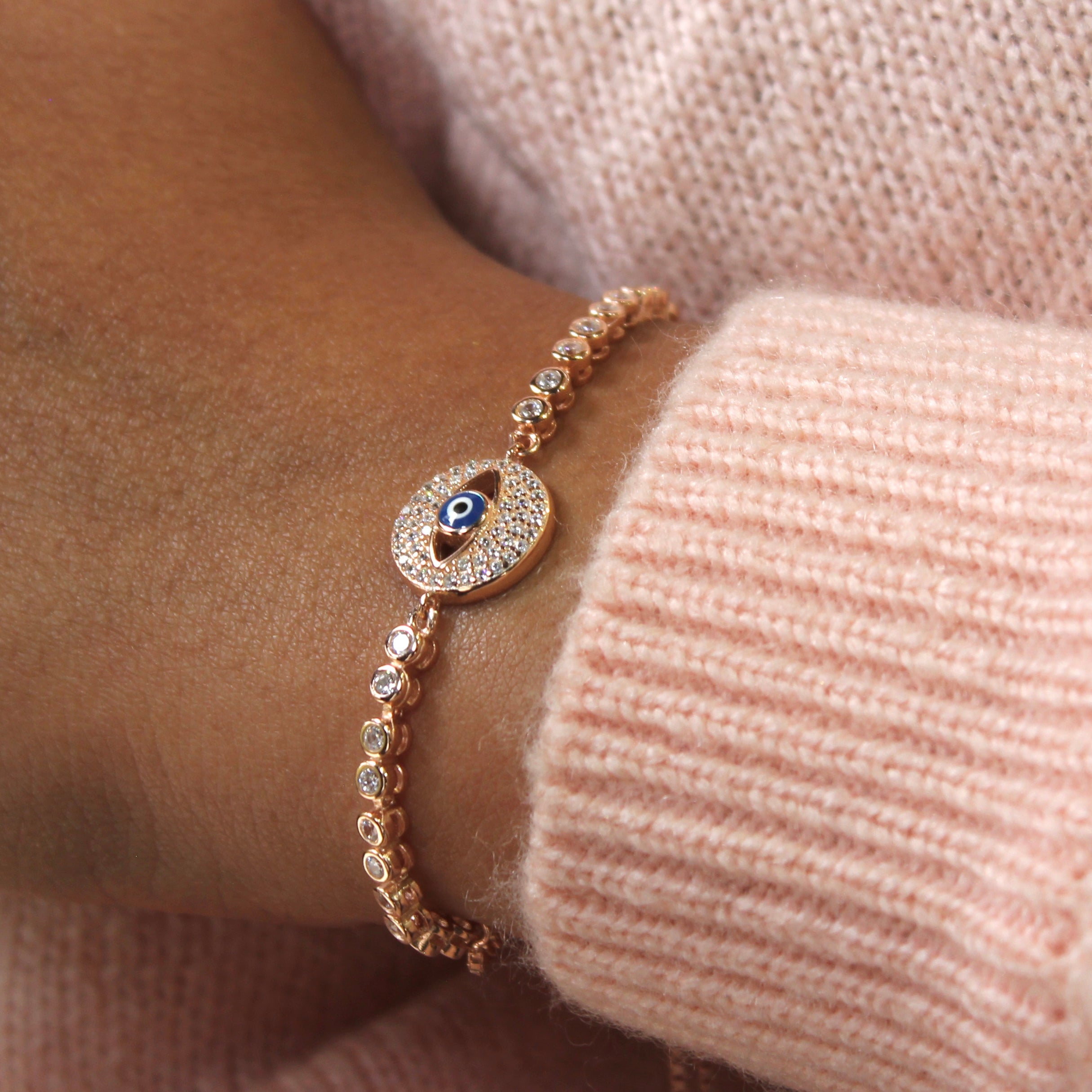 Evil Eye at Center Zircon Stones Rounded Chained Pure Silver Party Adjustable Bracelet in Rose Gold