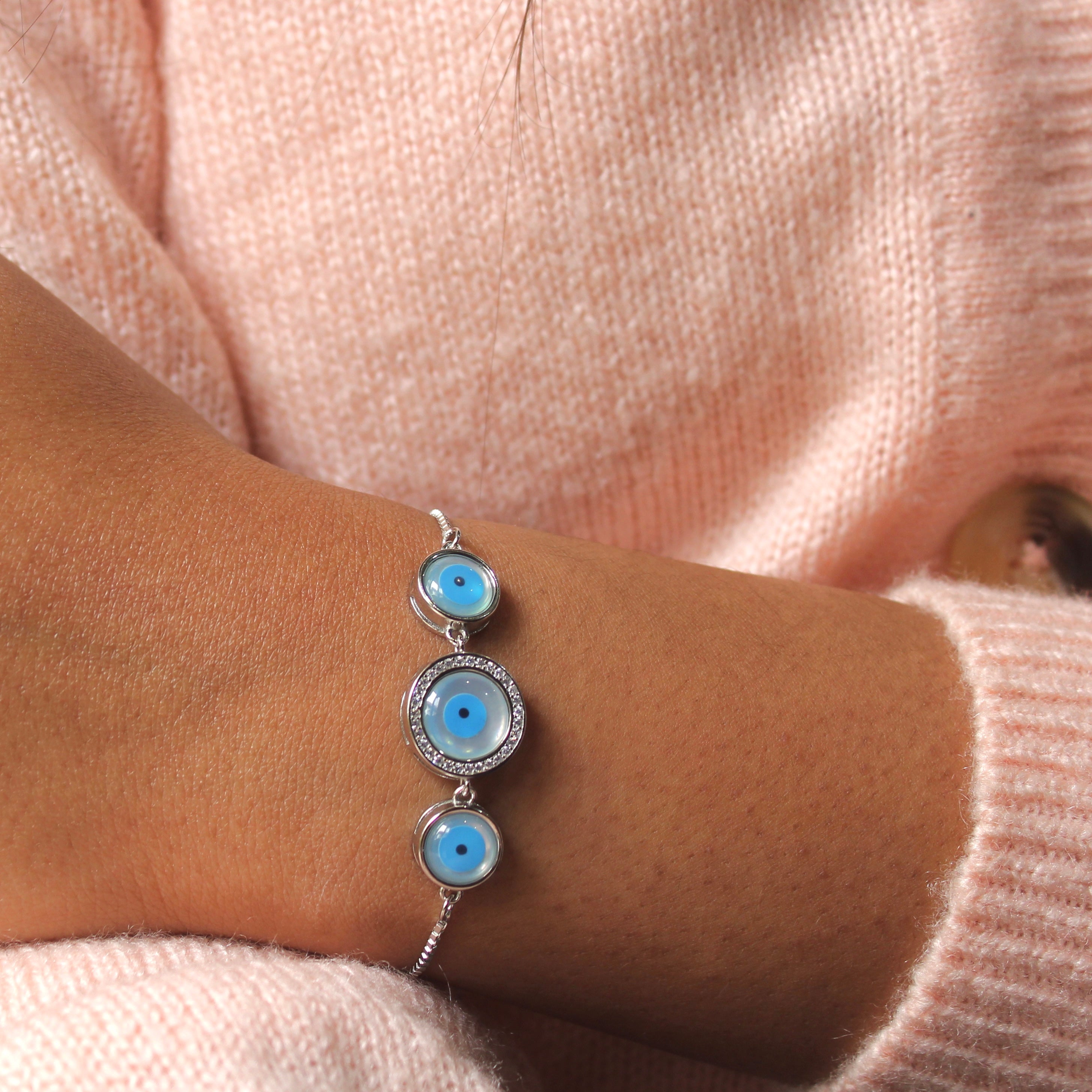 3 Circles Evil Eye Pure Silver Adjustable Bracelet