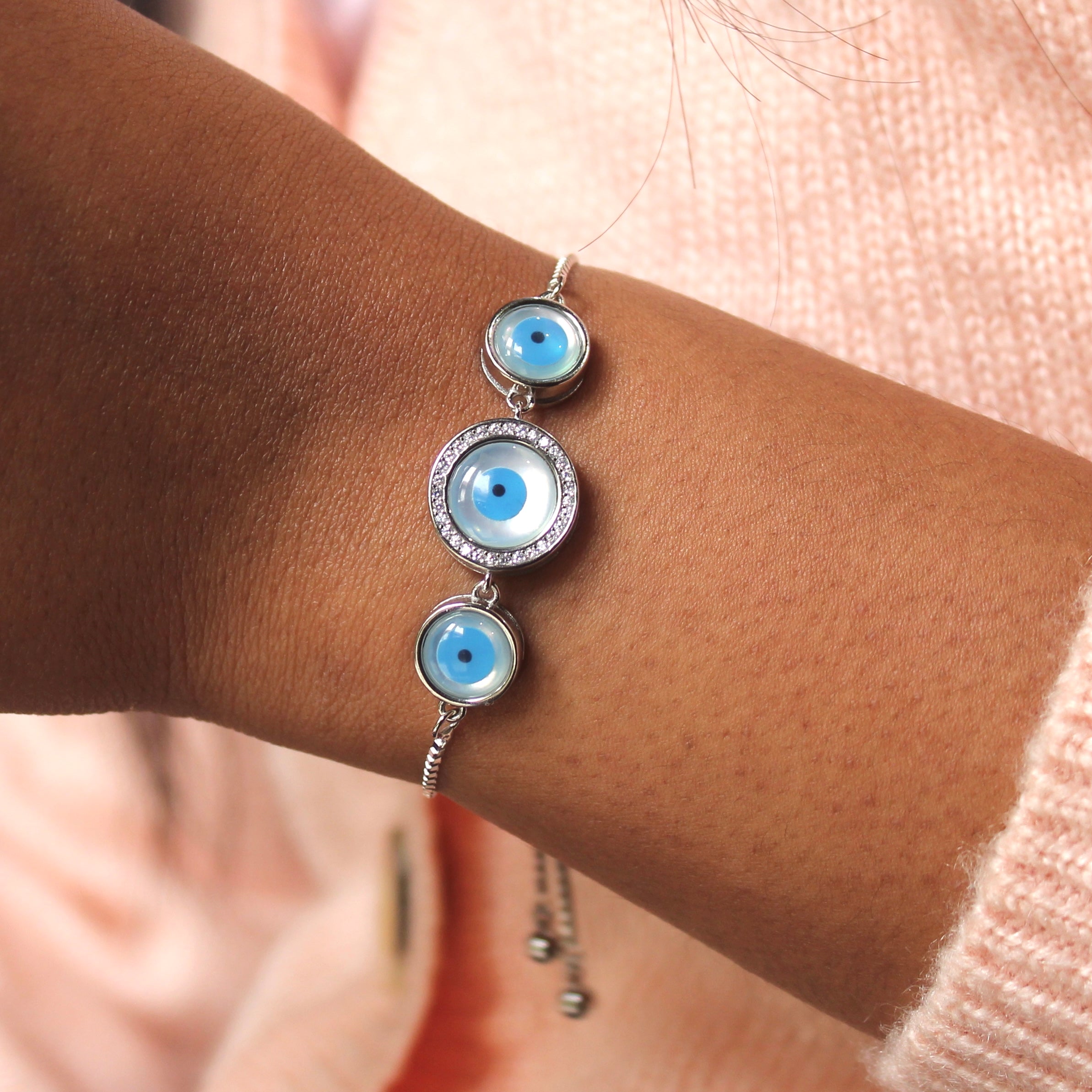 3 Circles Evil Eye Pure Silver Adjustable Bracelet