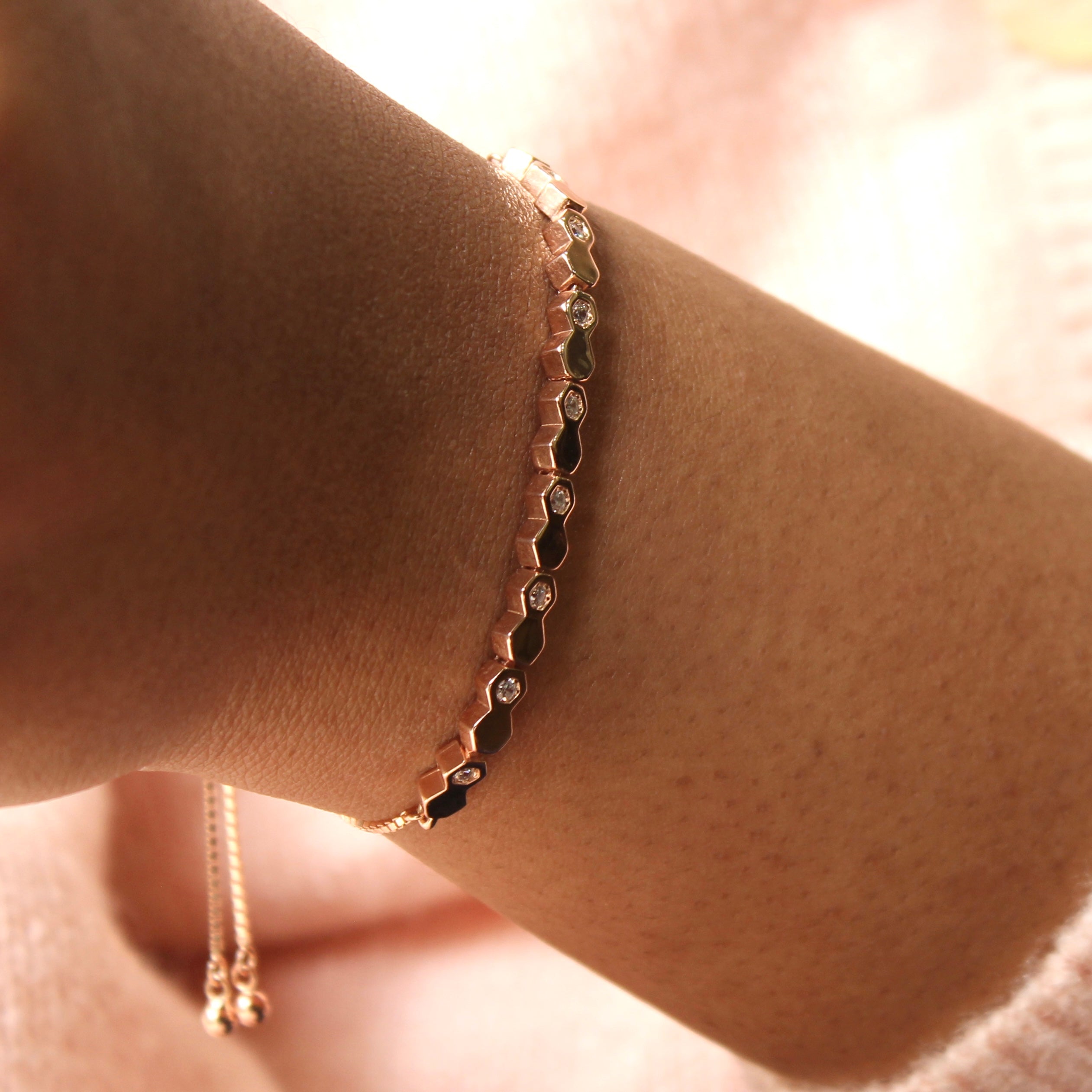 Hexagon Zircon Stones Chained Pure Silver Party Adjustable Bracelet in Rose Gold