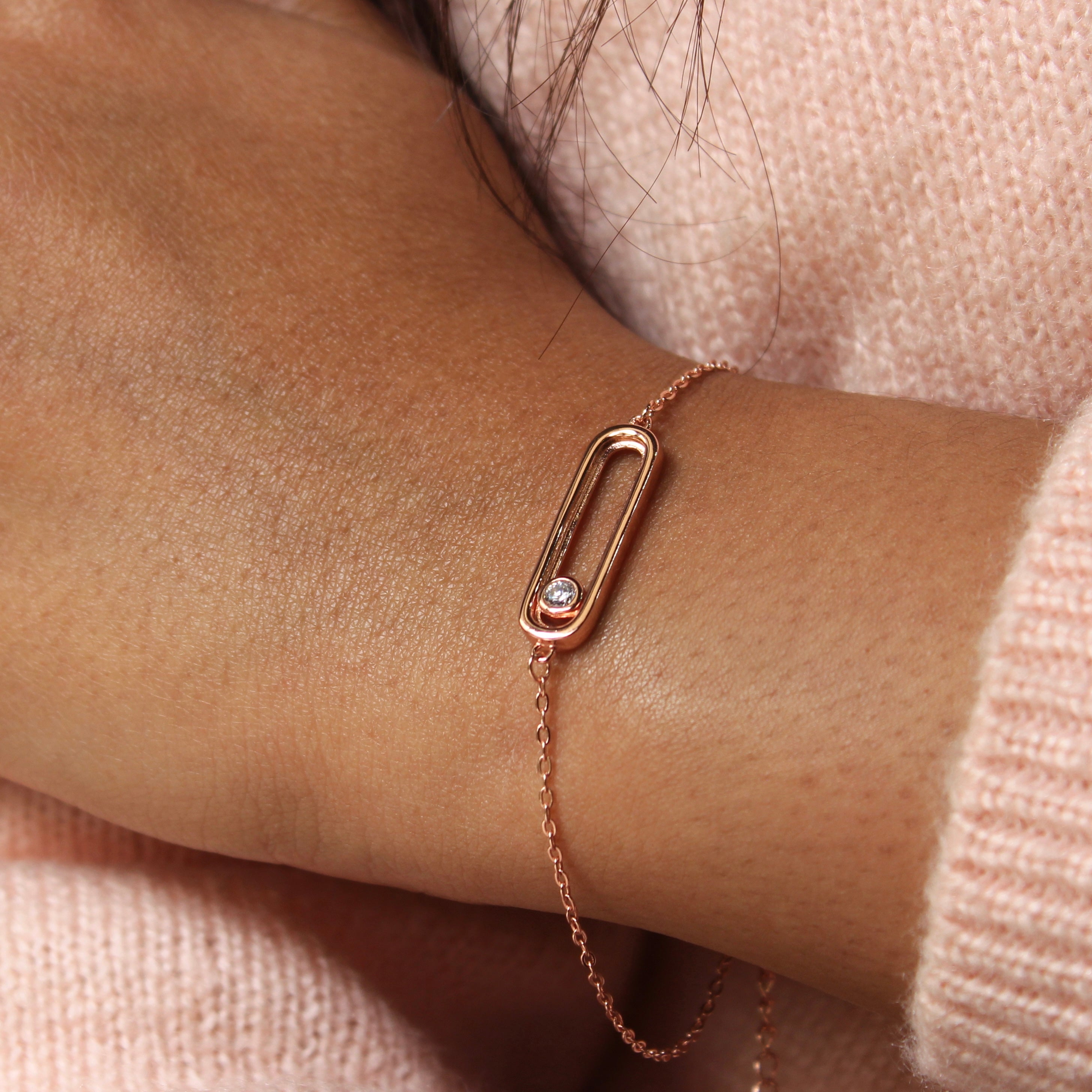 Zircon Stone in Cube Pure Silver Minimal Bracelet in Rose Gold