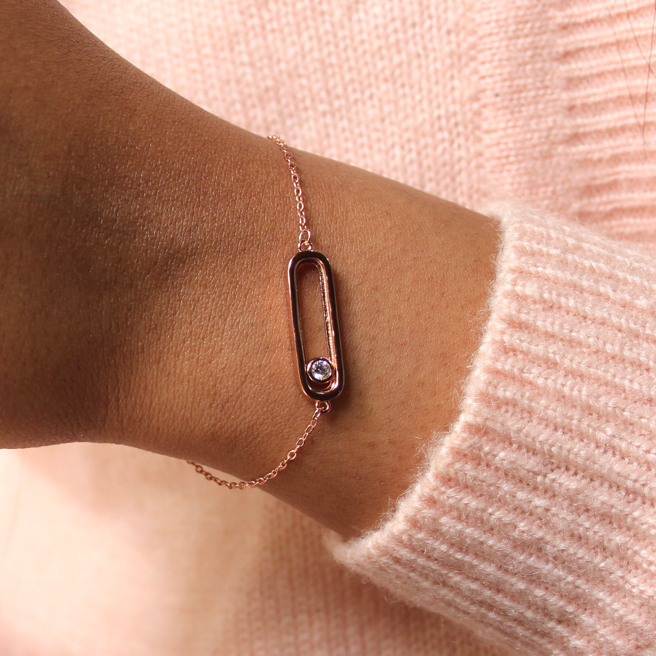 Zircon Stone in Cube Pure Silver Minimal Bracelet in Rose Gold