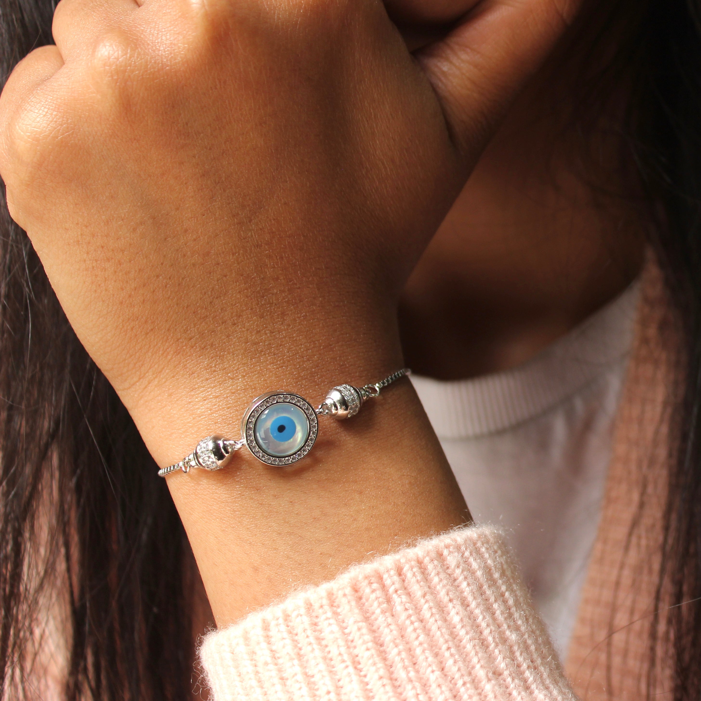 Evil Eye White Charm Circles 925 Silver Adjustable Bracelet