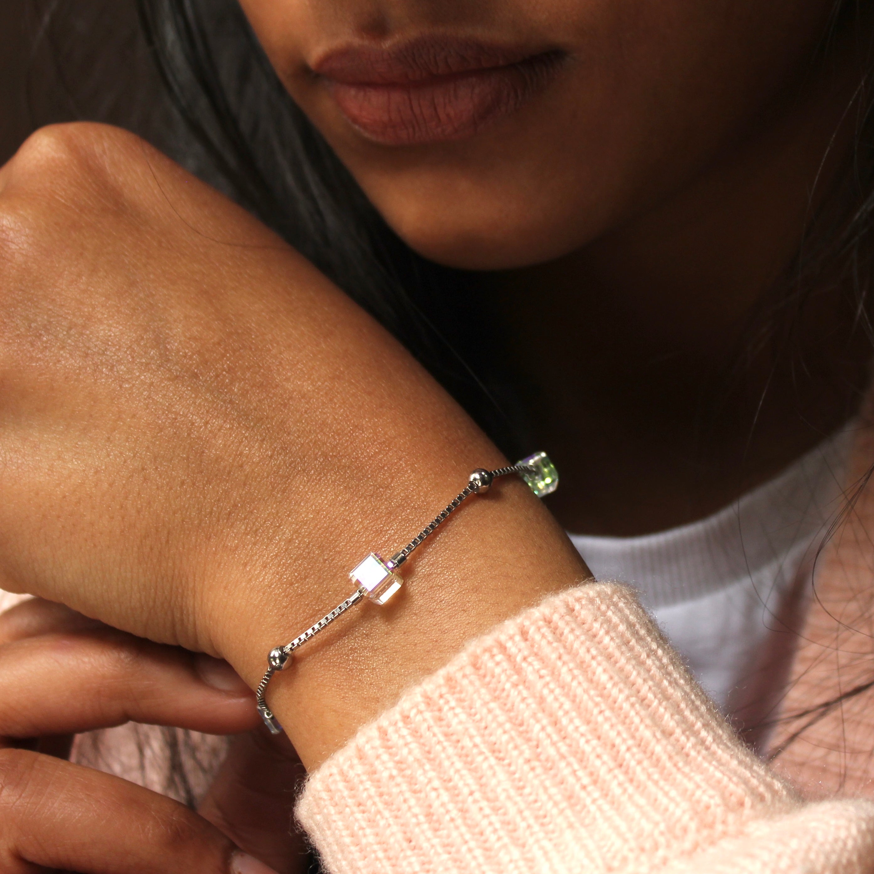 Silver Crystal Cube Pearl Pure Silver Minimal Bracelet