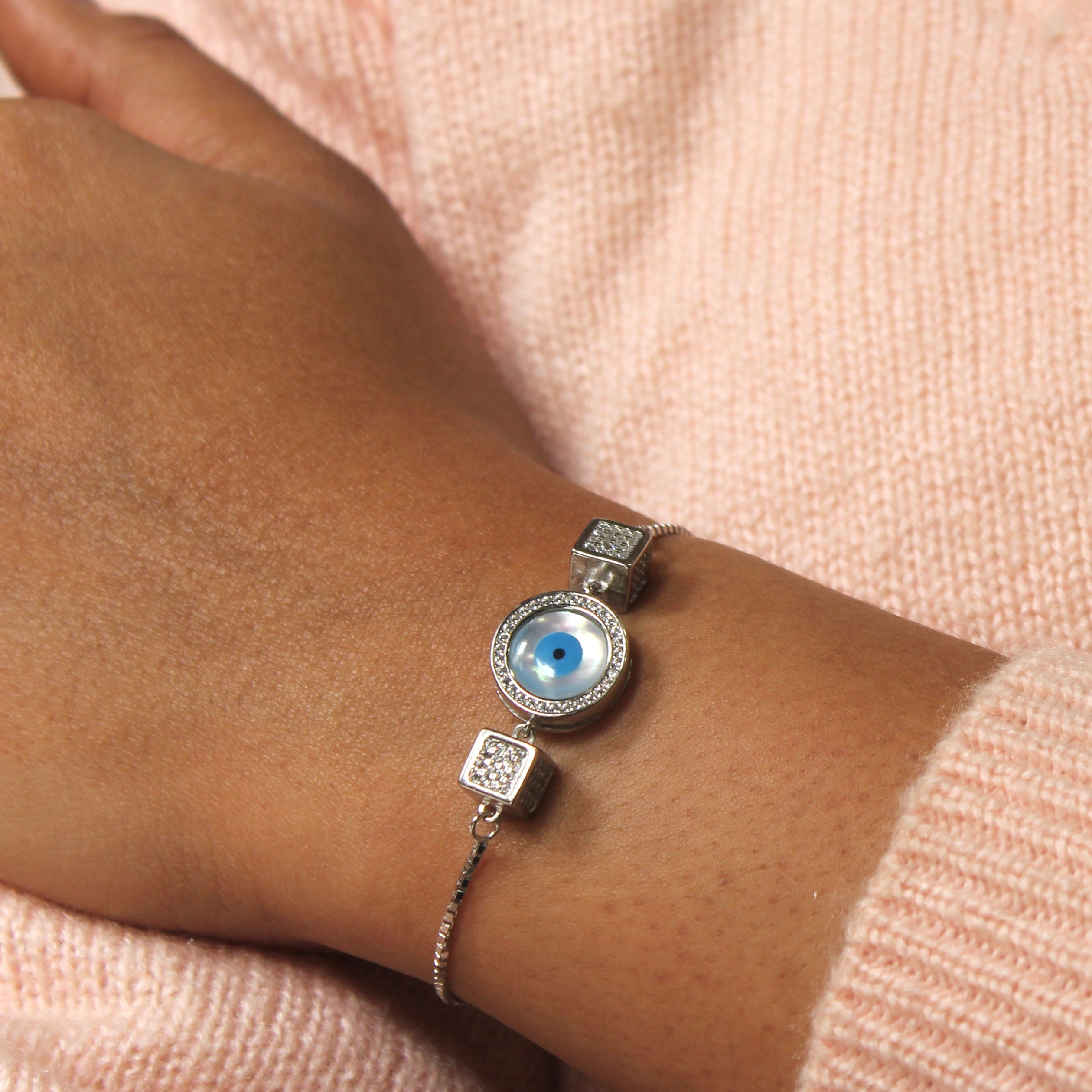 Evil Eye White Charm Circle Cube 925 Silver Adjustable Bracelet