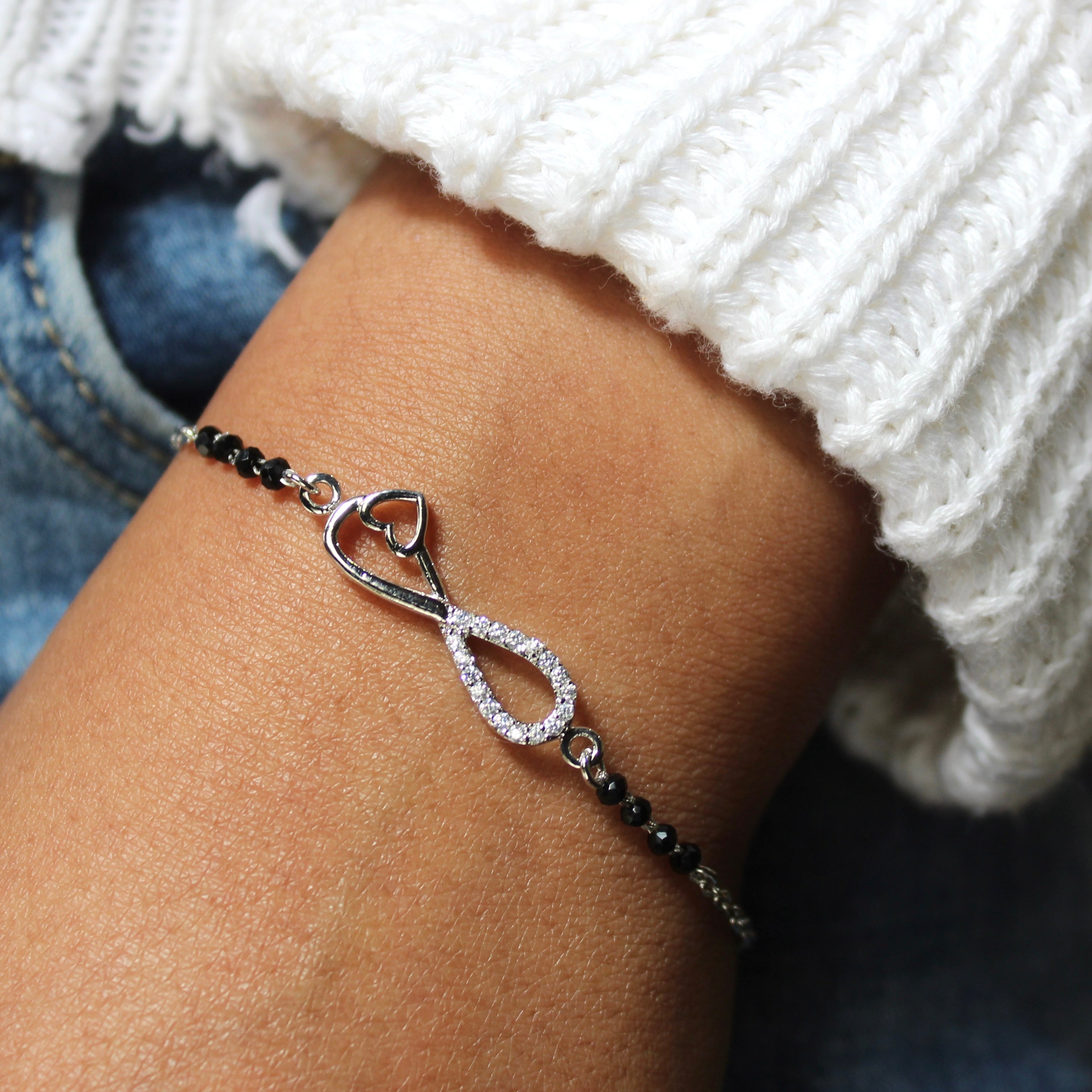 Infinity With Heart Charm Pure Silver Mangalsutra Bracelet