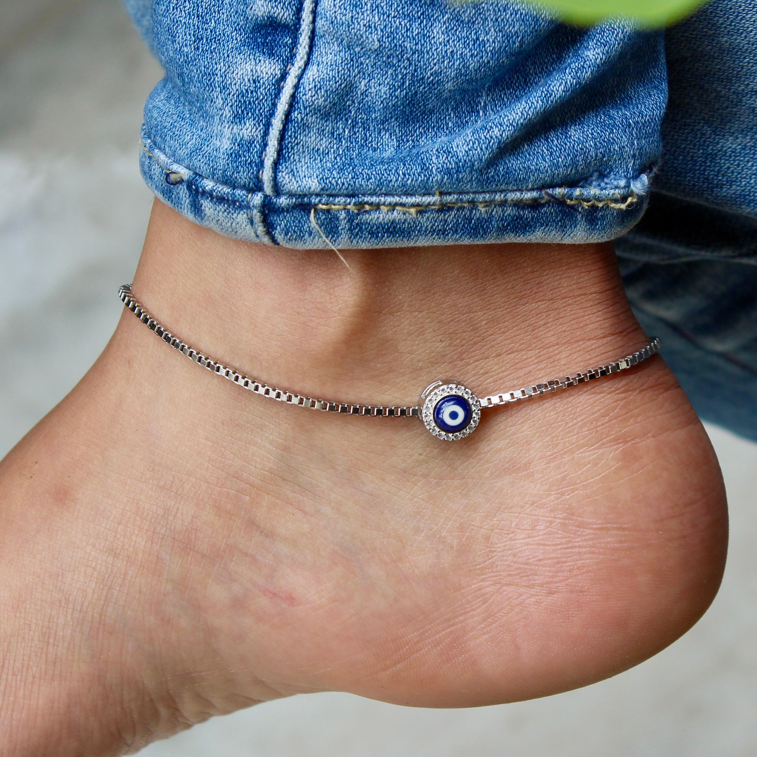 Evil Eye Silver Chain Anklet- Single