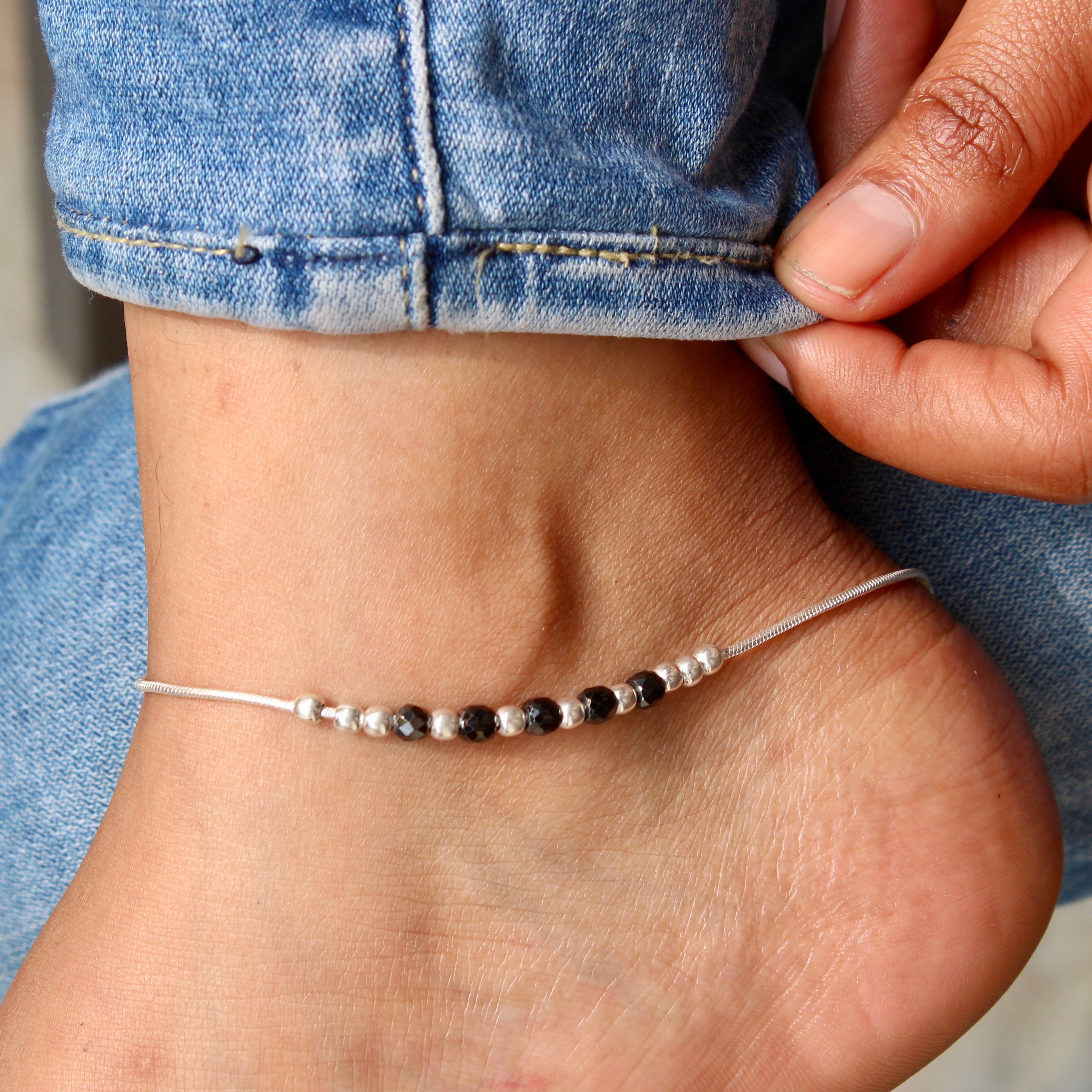 Black Beads Silver Beads Length Anklet in 925 Silver- Single