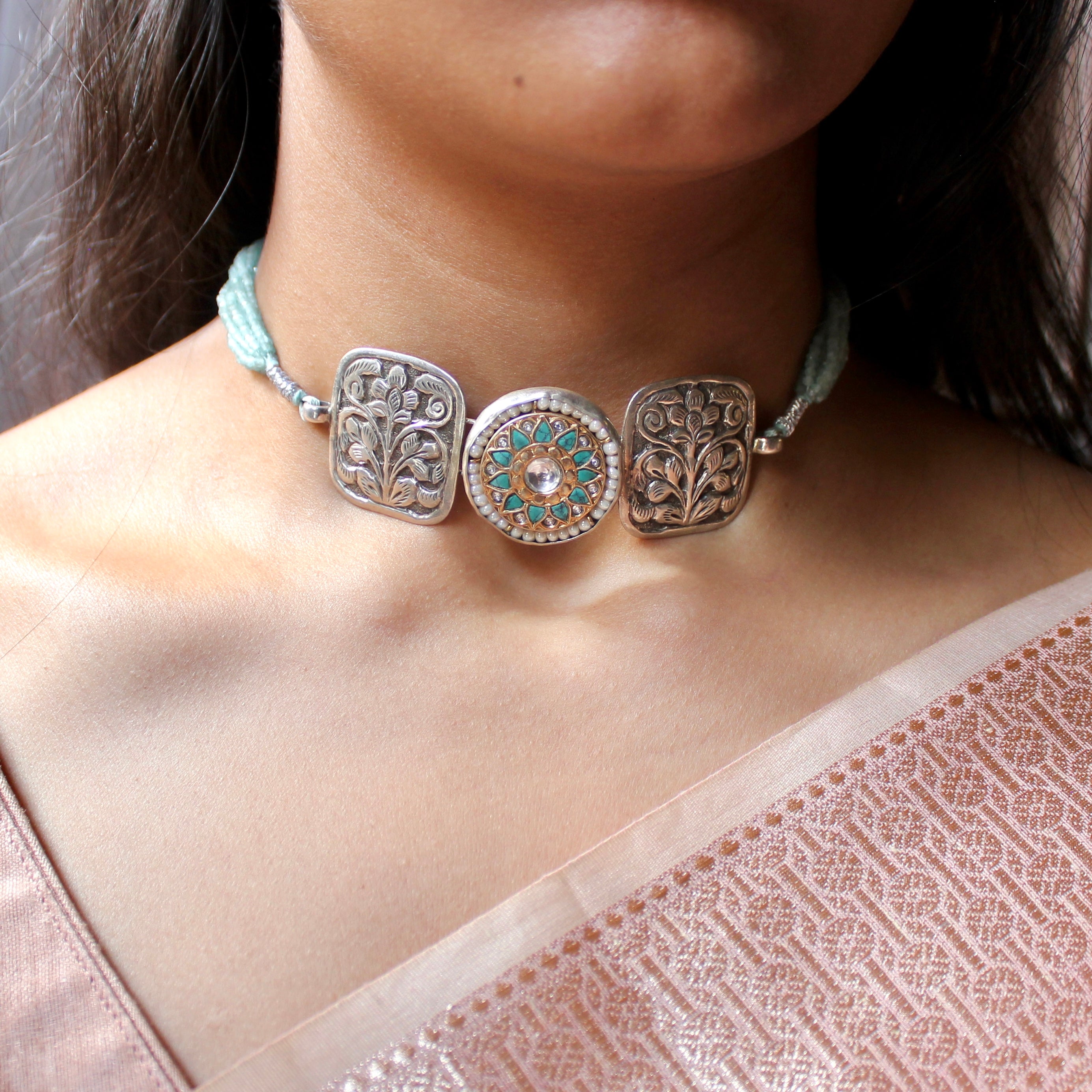 Pastel Blue Stones 925 Oxidised Silver Choker Piece