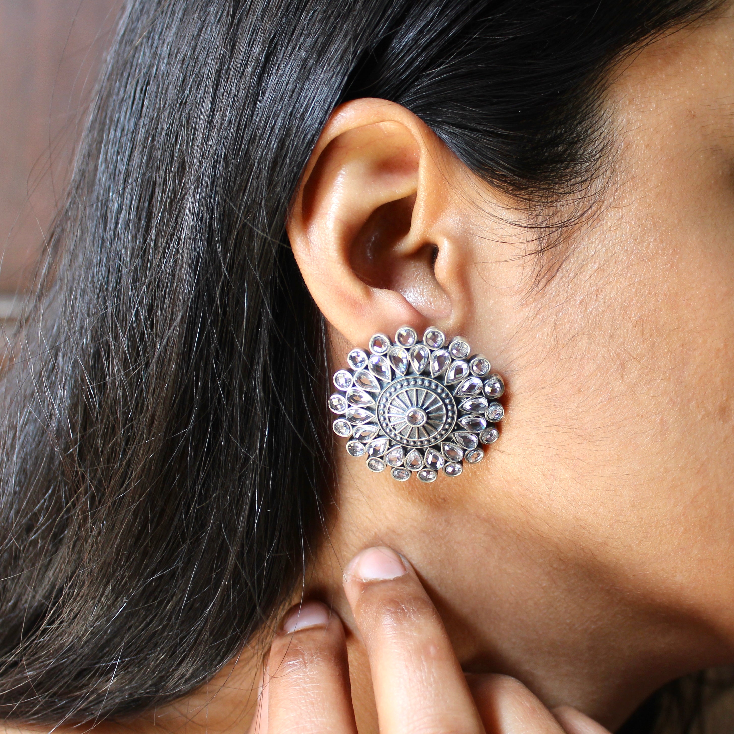 Zircon Stones Rounded Antique Flower Oxidised Silver Big Studs