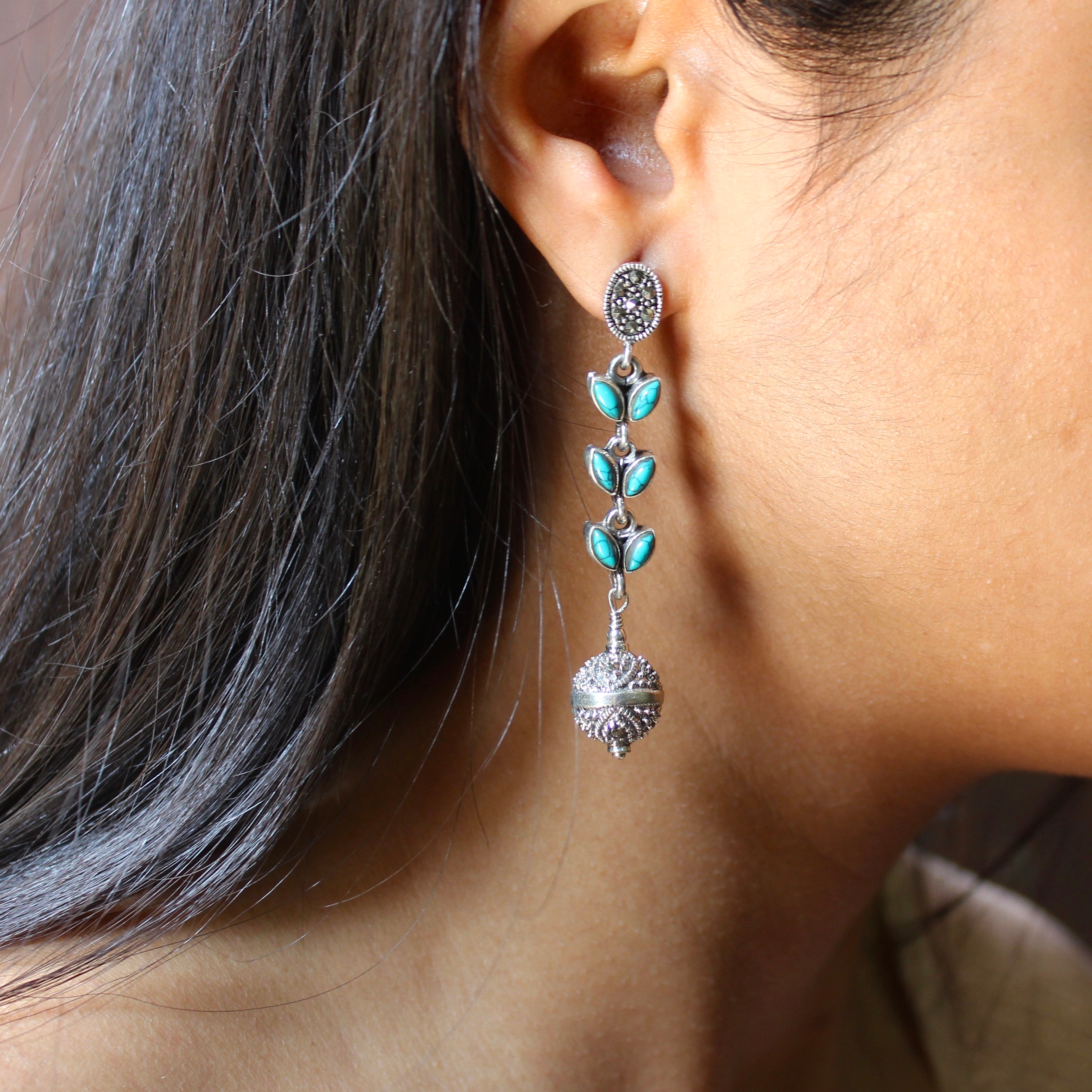 Teal Stones Leaf Hanging Pure Silver Jhumkas