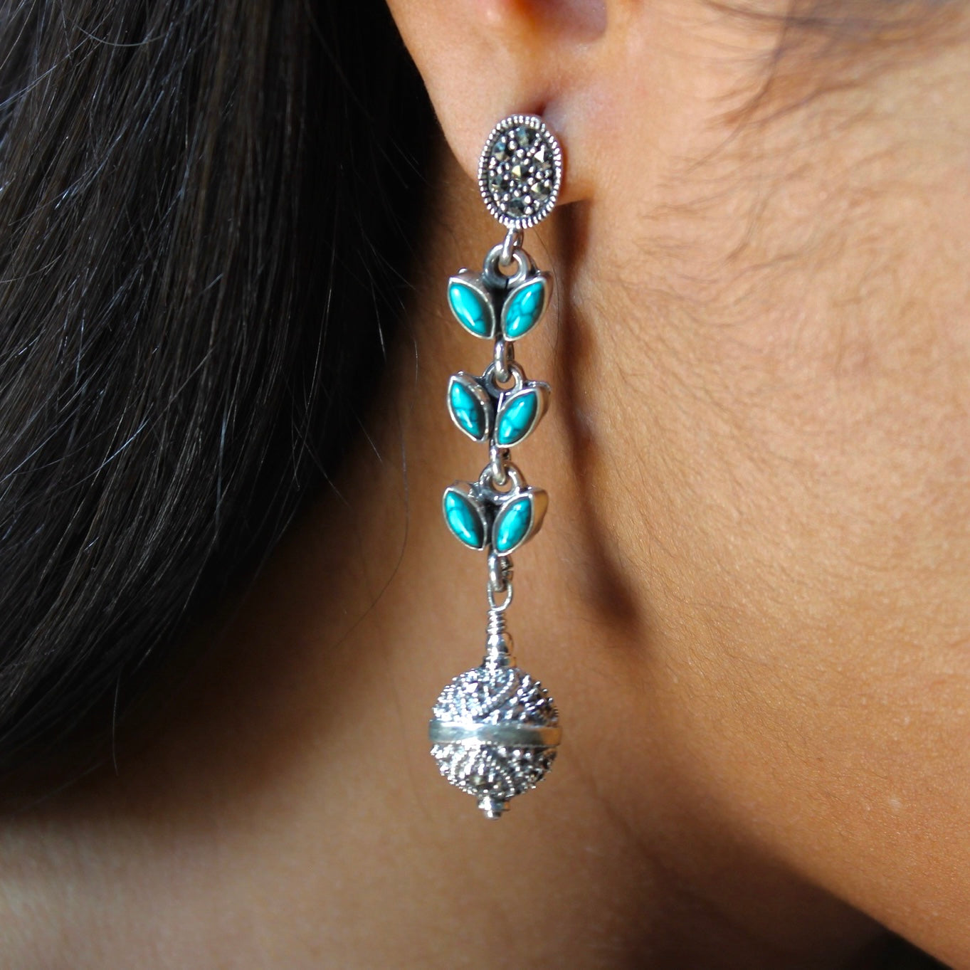 Teal Stones Leaf Hanging Pure Silver Jhumkas