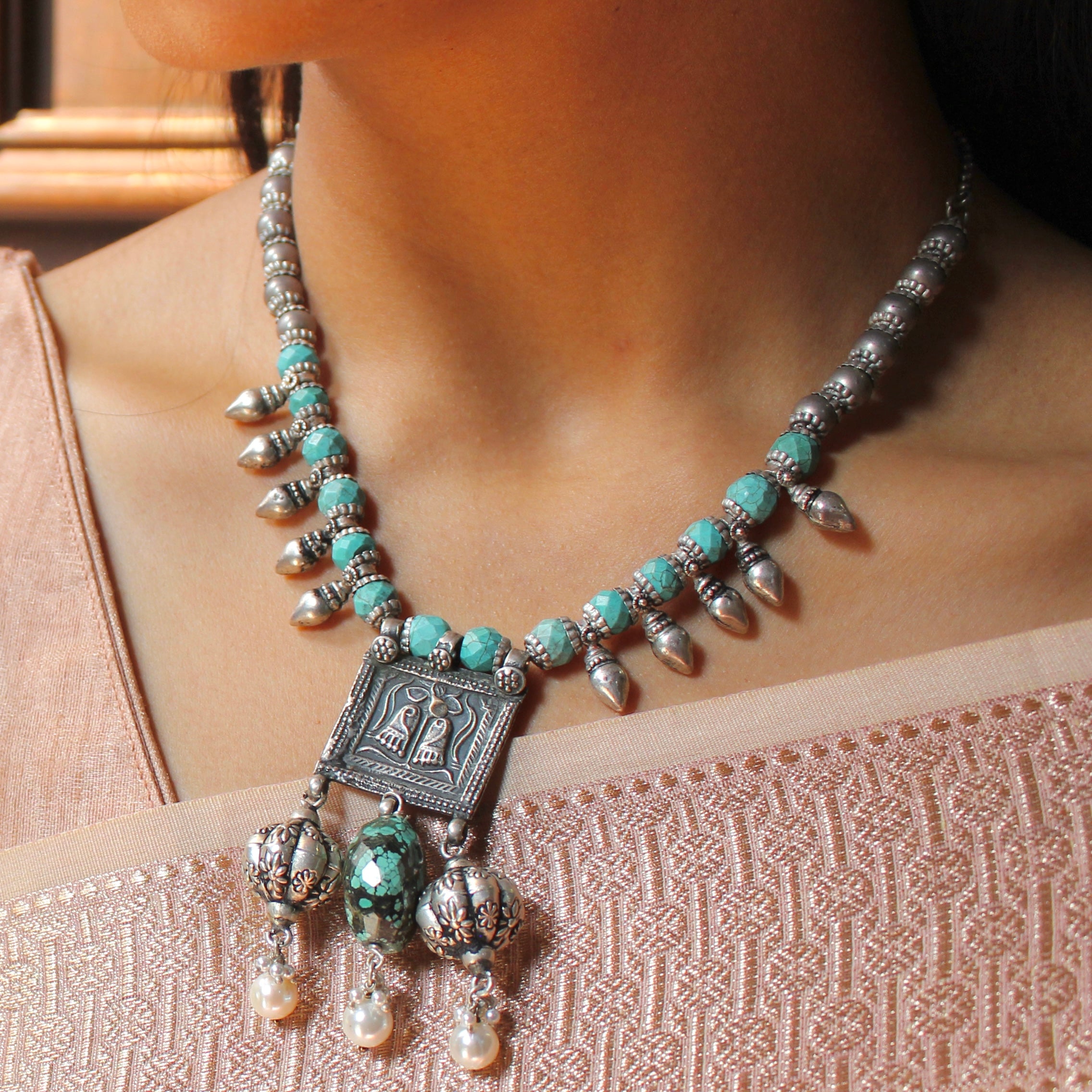 Teal Stones Antique 925 Oxidised Silver Necklace with Earrings