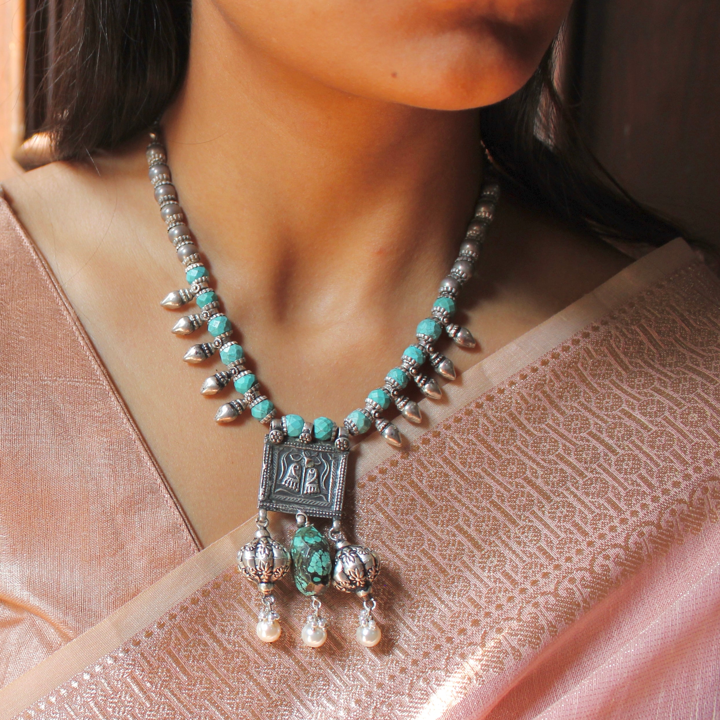 Teal Stones Antique 925 Oxidised Silver Necklace with Earrings