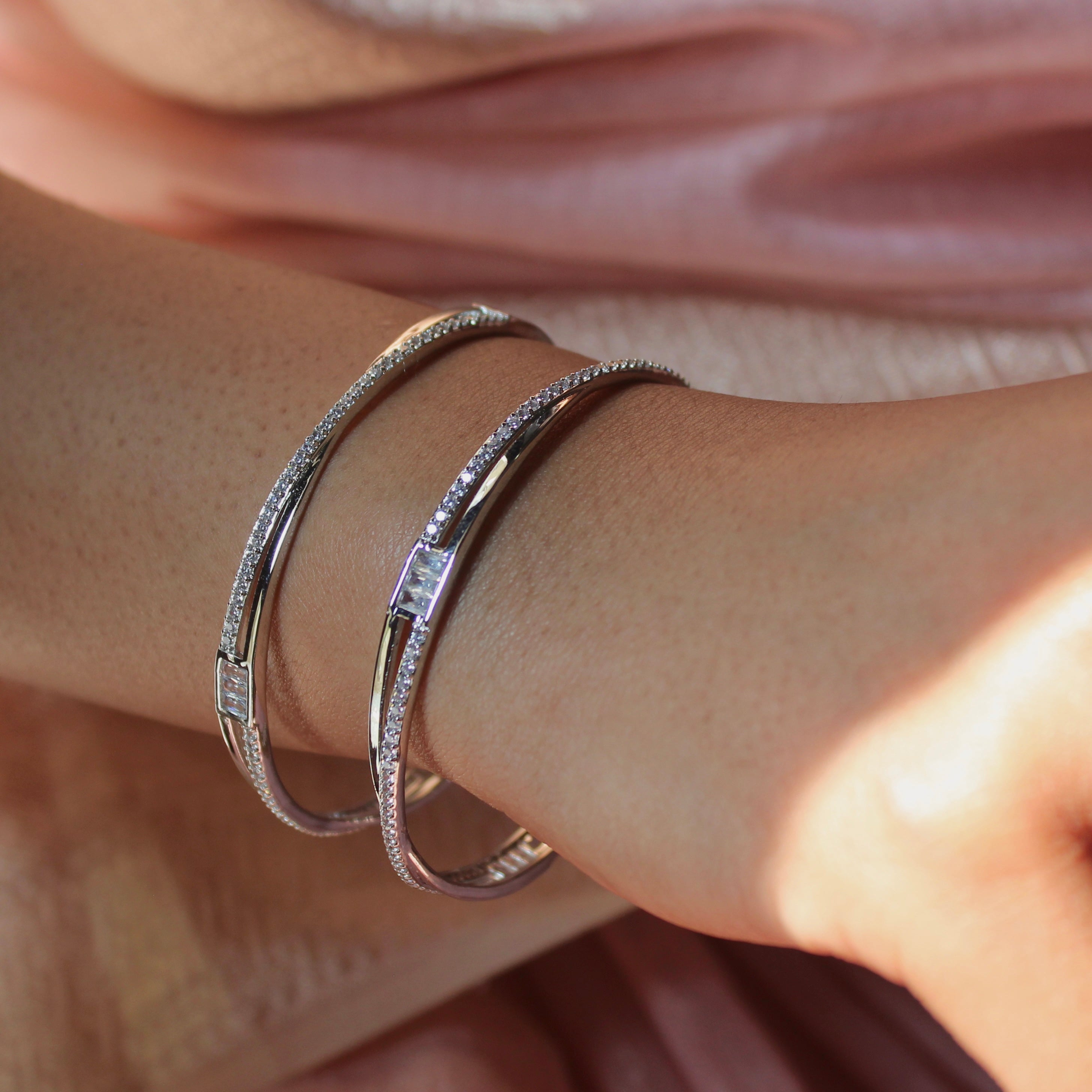 Zircon Stones Twisted Lines Pure Silver Bangles- Pair